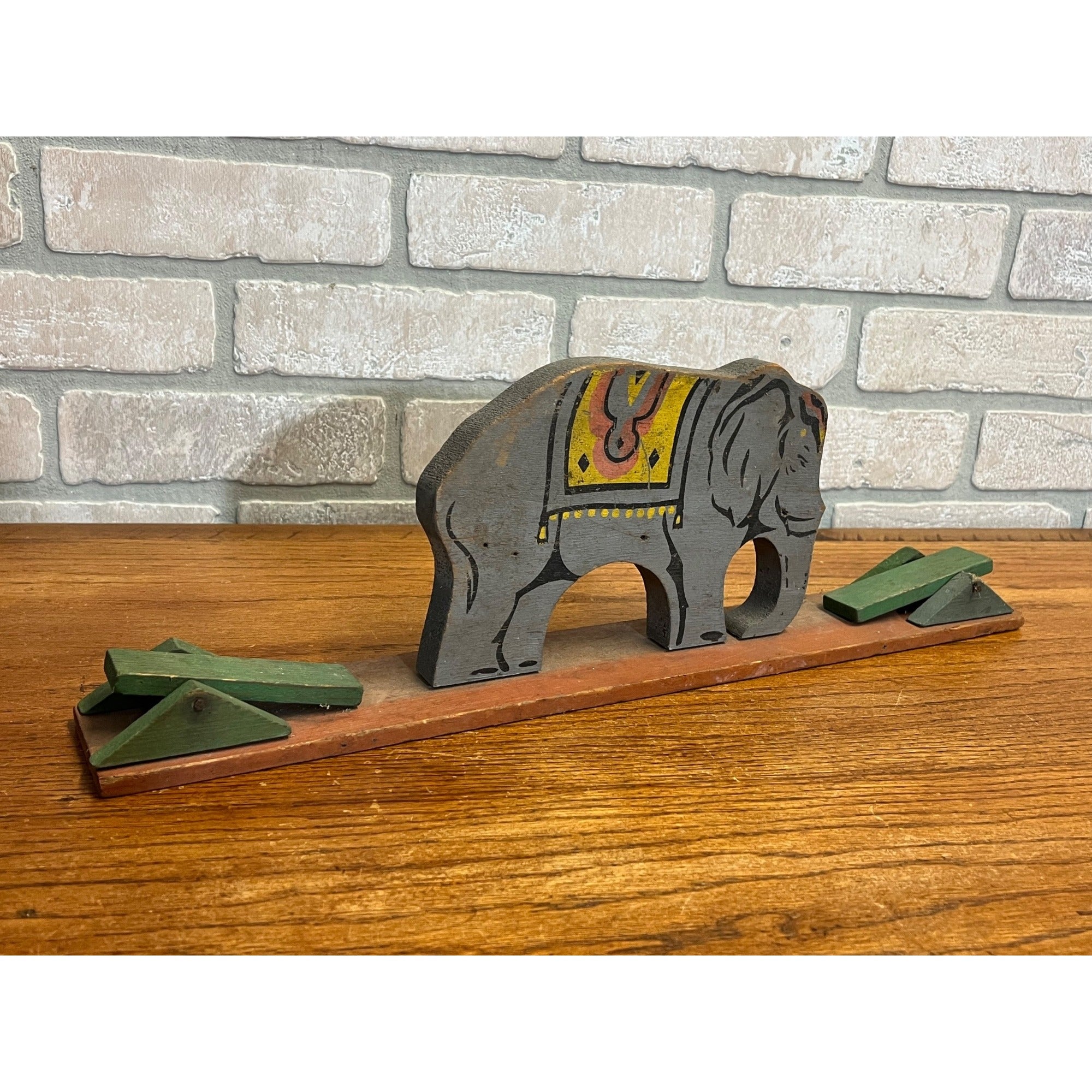 Antique Wooden Mechanical Circus Toy with Elephant As is Folk Art
