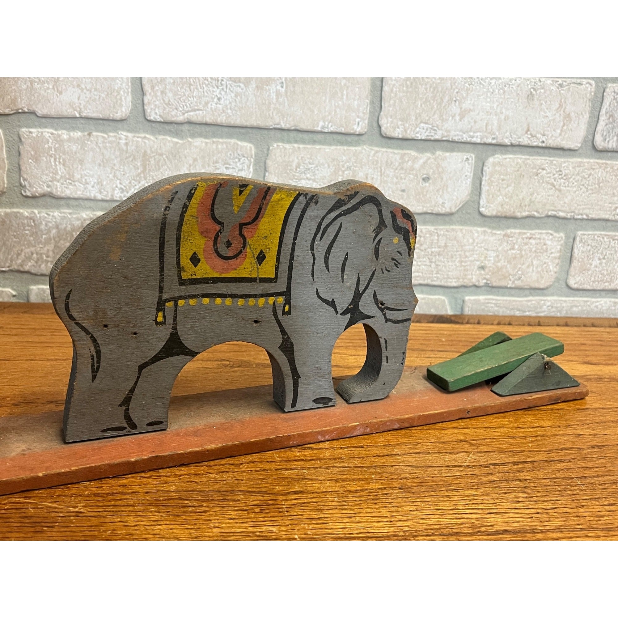 Antique Wooden Mechanical Circus Toy with Elephant As is Folk Art