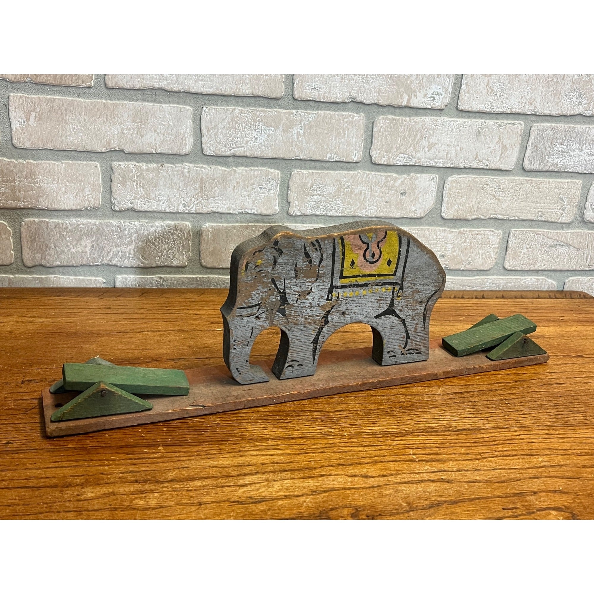 Antique Wooden Mechanical Circus Toy with Elephant As is Folk Art