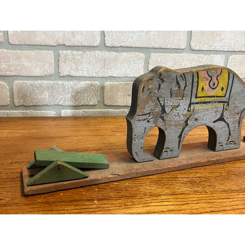 Antique Wooden Mechanical Circus Toy with Elephant As is Folk Art