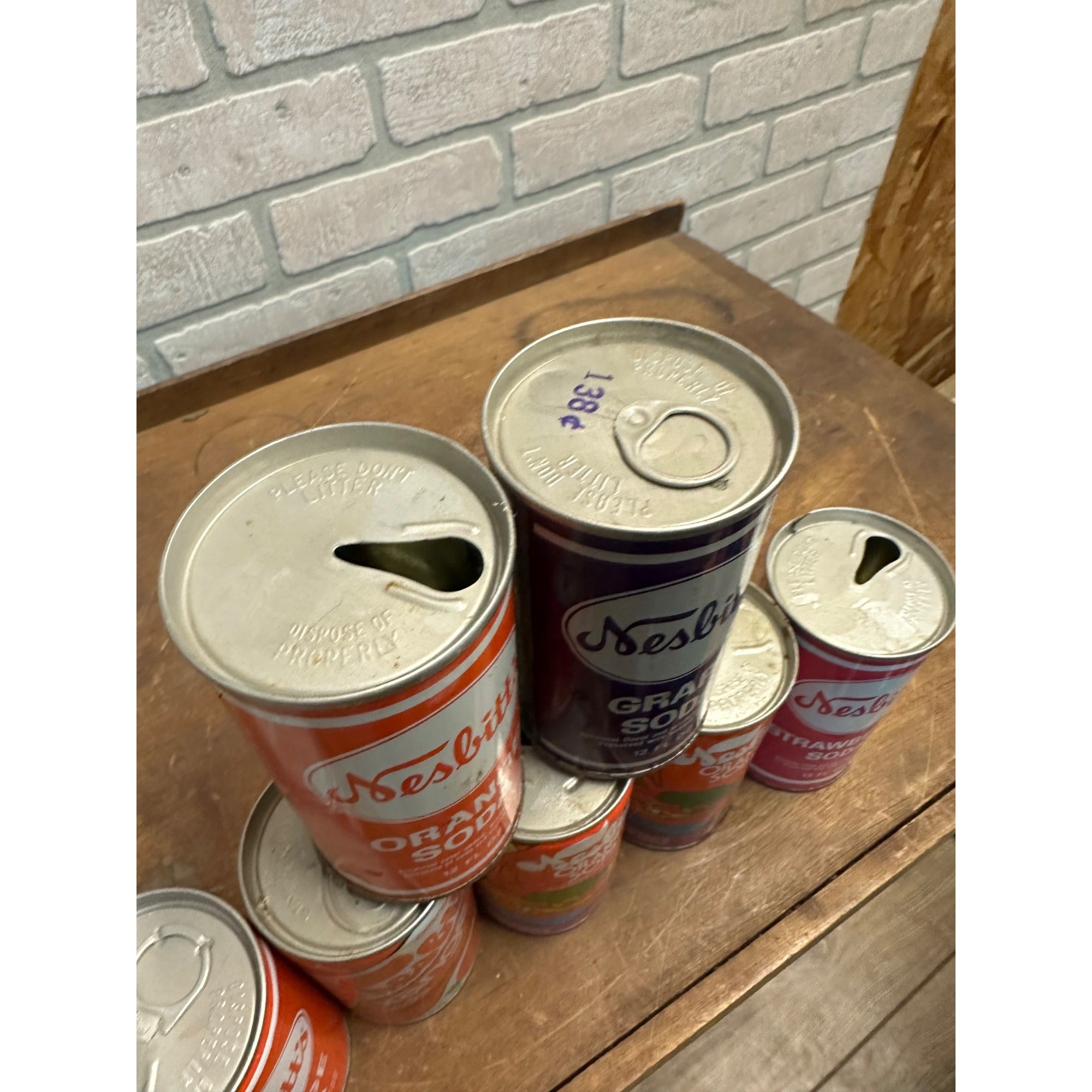 Vintage Nesbitt's Soda Pop Cans (7) Grape Orange Strawberry Steel Pull Tab Flat