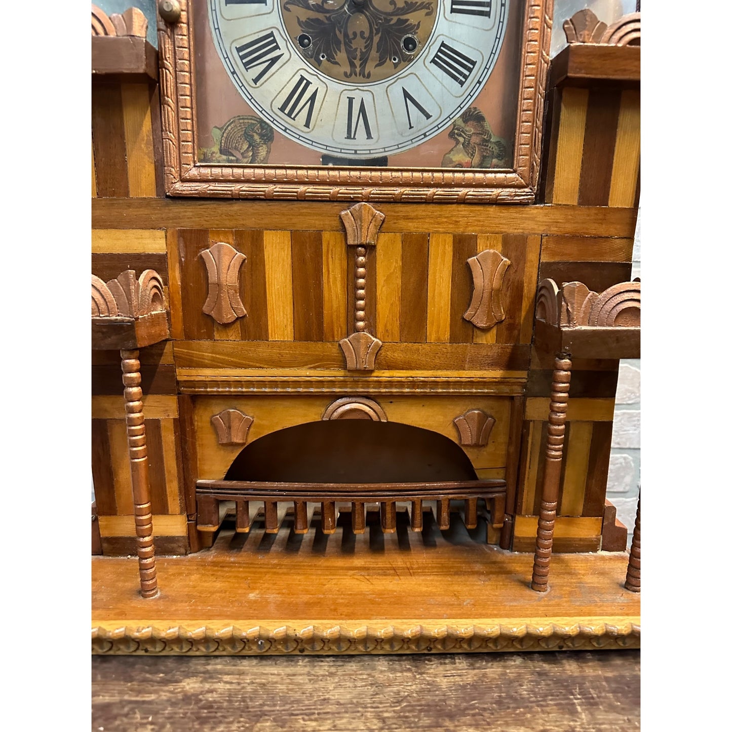 Vintage 1950s Tramp Art / Folk Art Large Ornate Clock w/ Mirrors