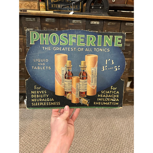 Vintage 1900s Phosferine Tonic Medicine Advertising Litho Sign Cardboard