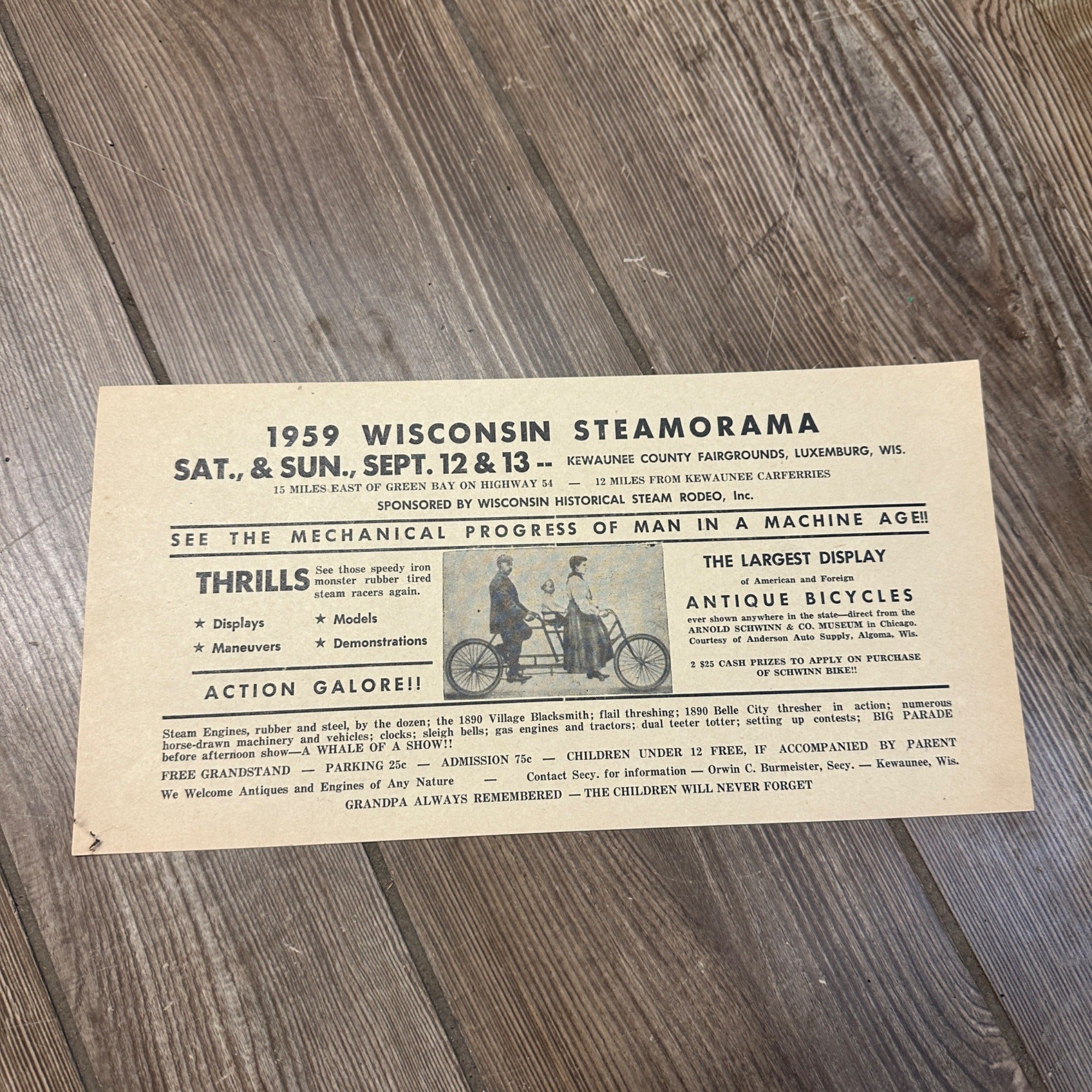 Vintage 1959 Wisconsin Steamorama Promo Poster Antique Bicycles Luxemburg WI