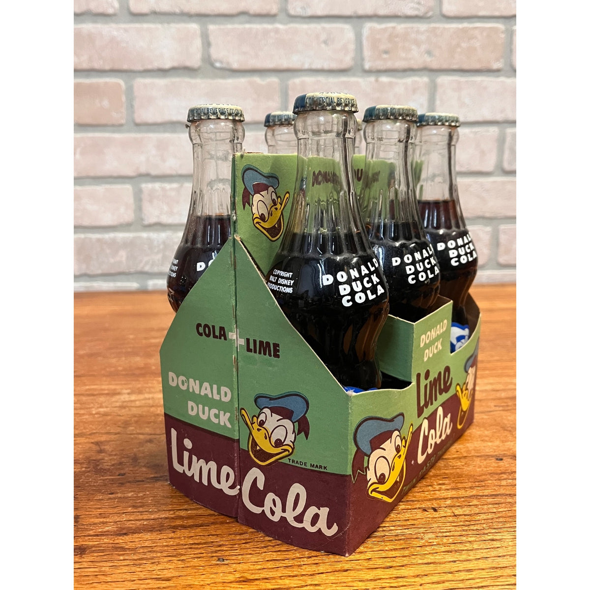 RARE Vintage 1959 Disney Donald Duck Lime Cola Soda Carrier w/ 6 Bottles - MINT