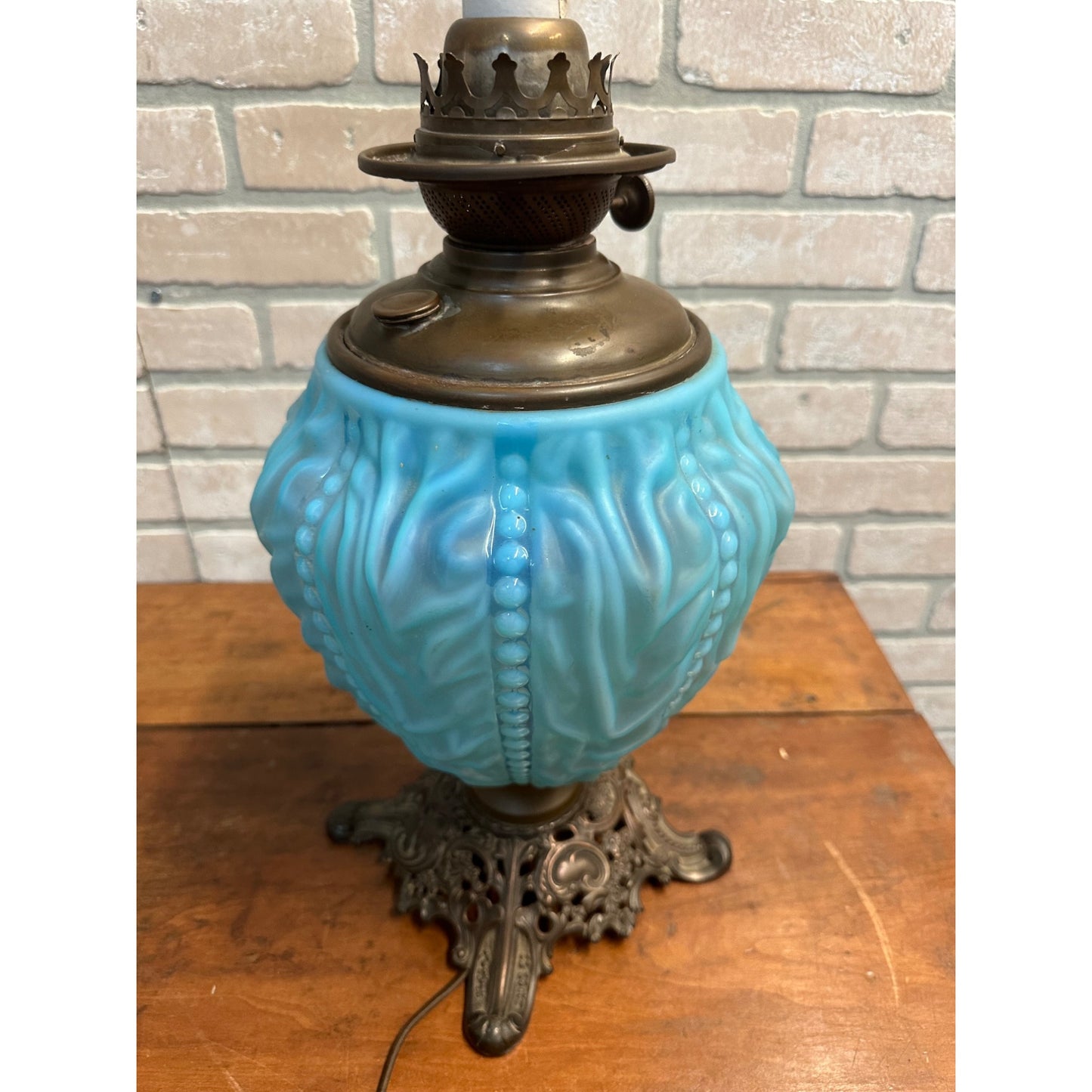 Antique Pittsburgh Lamp Co. Blue Satin Beaded Drape GWTW Oil Lamp Electrified