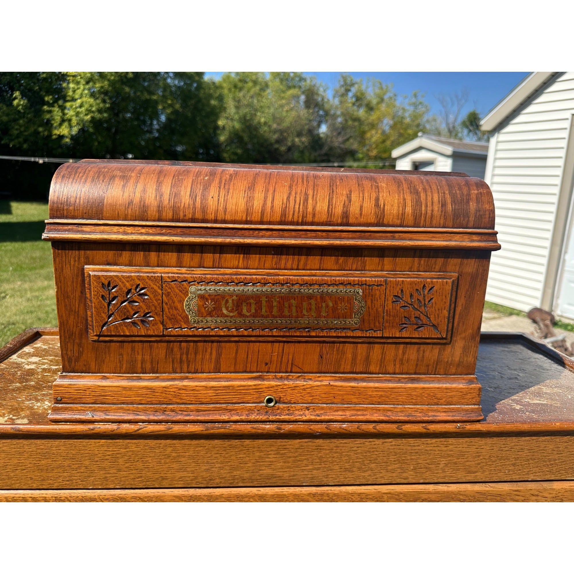 Rare Antique COTTAGE Sewing Machine Wood Treadle Coffin Lid Cover - Davis