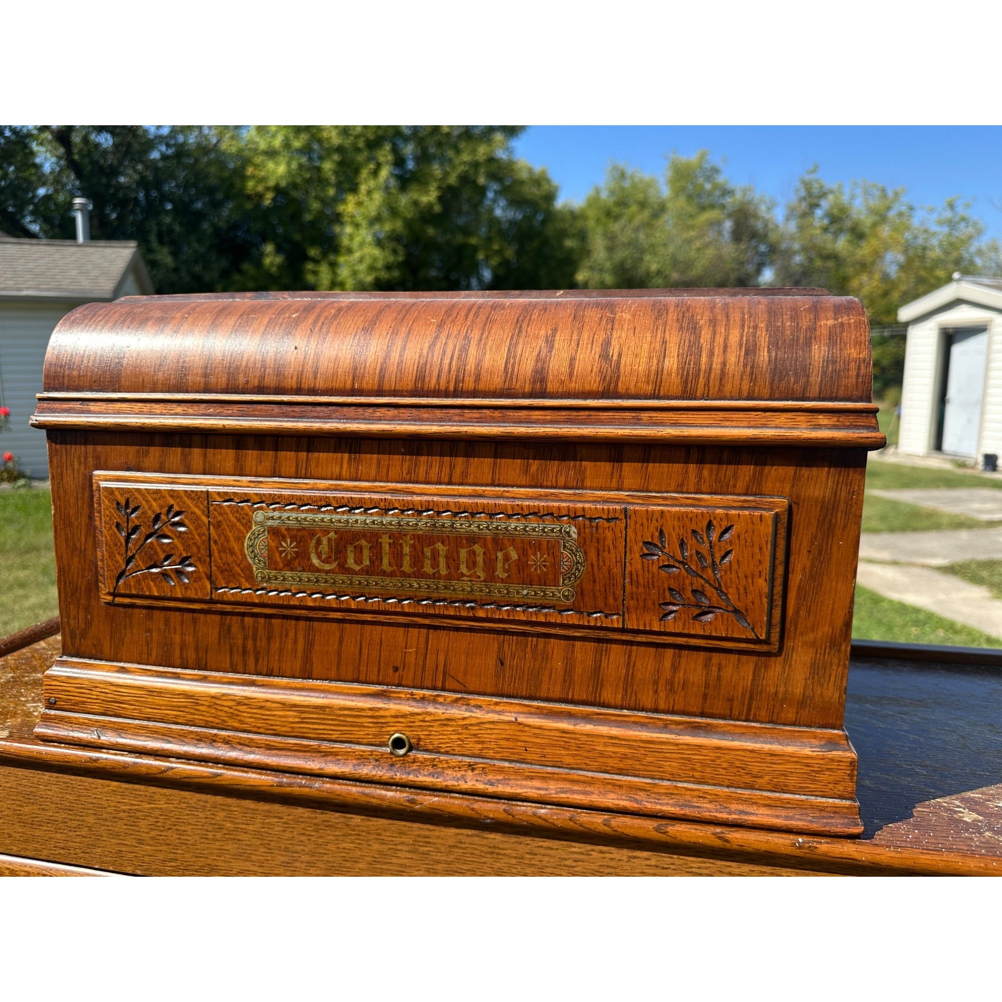 Rare Antique COTTAGE Sewing Machine Wood Treadle Coffin Lid Cover - Davis