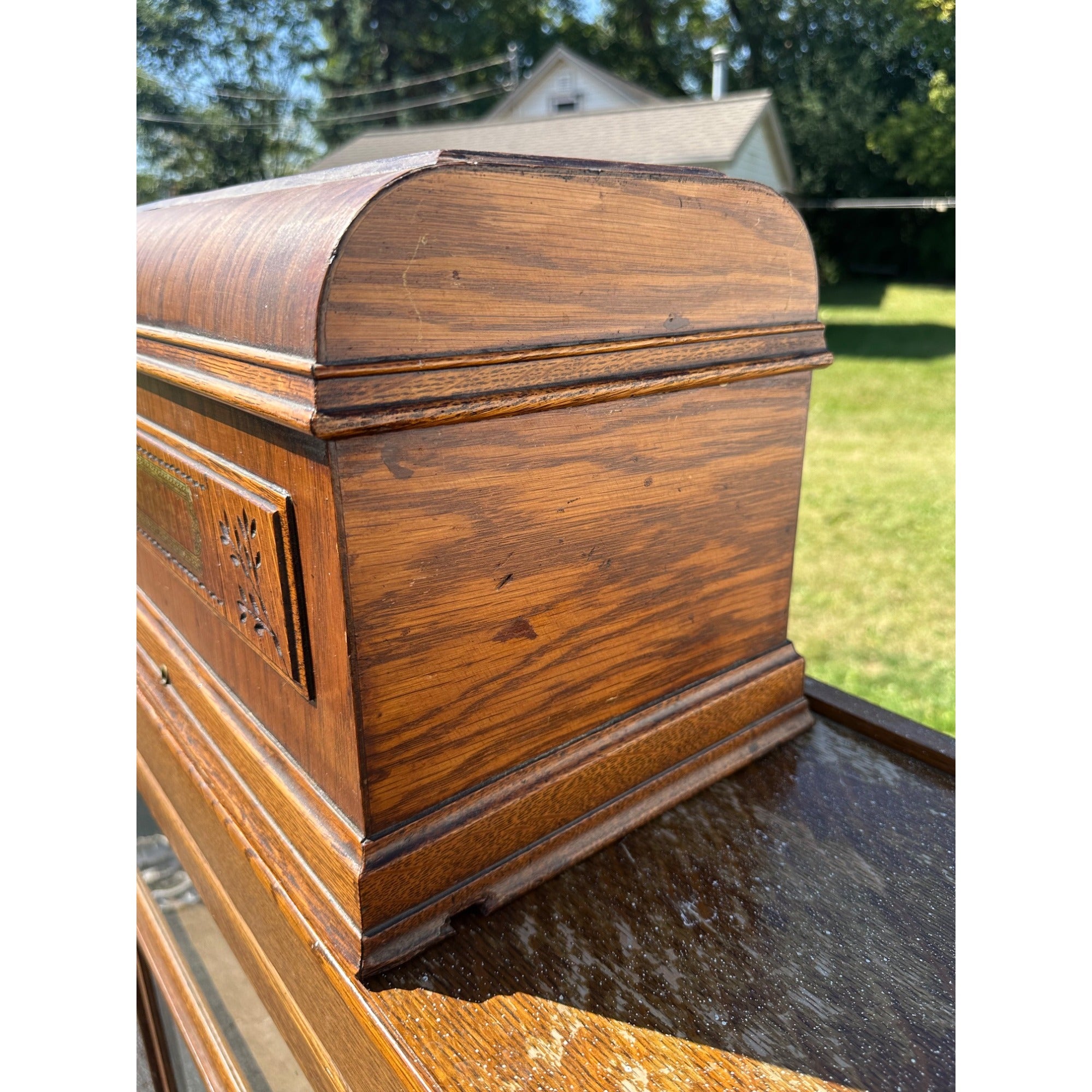 Rare Antique COTTAGE Sewing Machine Wood Treadle Coffin Lid Cover - Davis