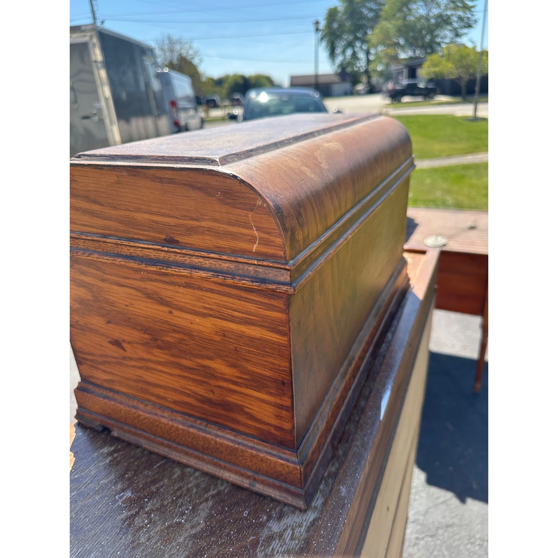 Rare Antique COTTAGE Sewing Machine Wood Treadle Coffin Lid Cover - Davis