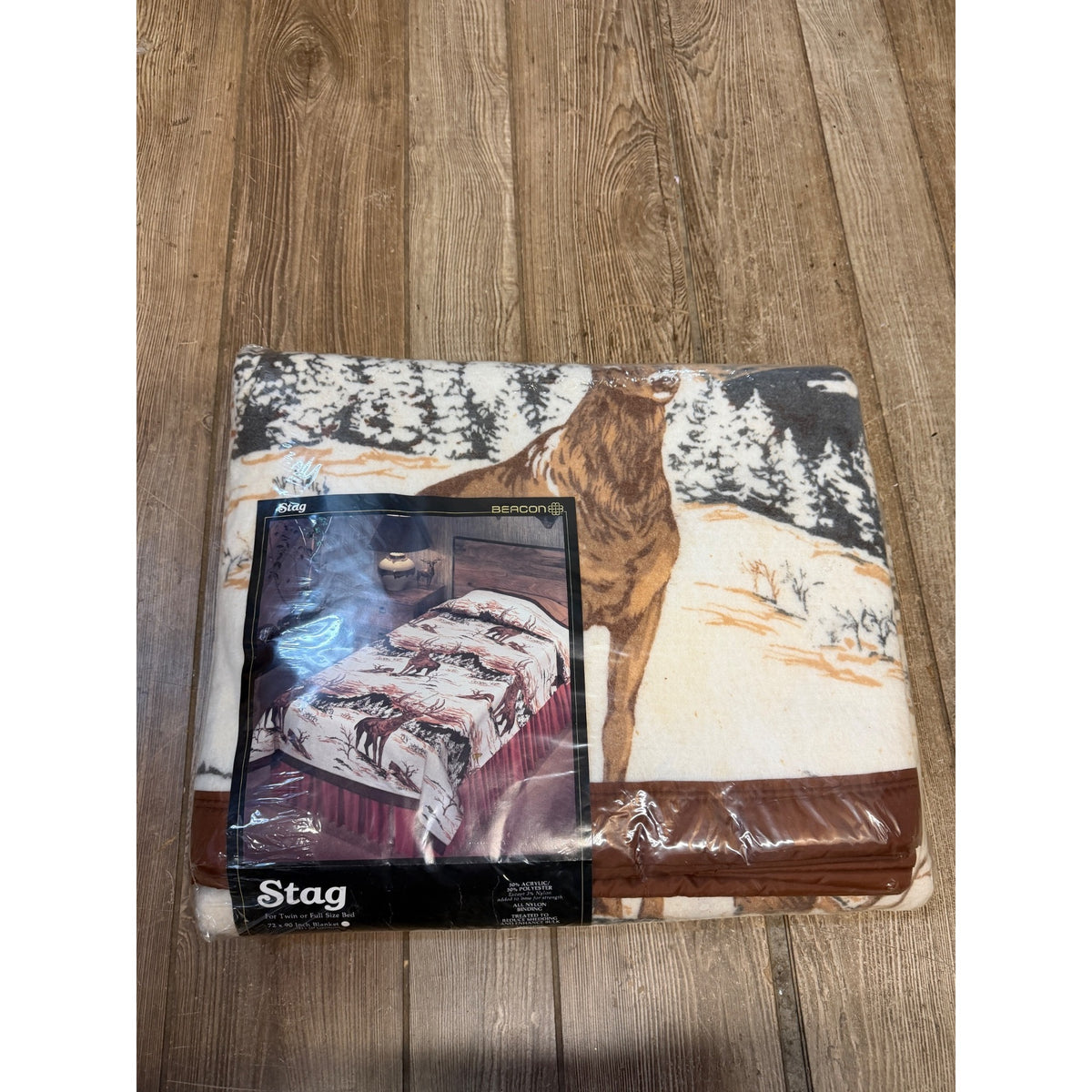 Vintage Beacon Stag Twin/Full Size Blanket 72x90 USA Made  Deer & Winter Forest Pattern