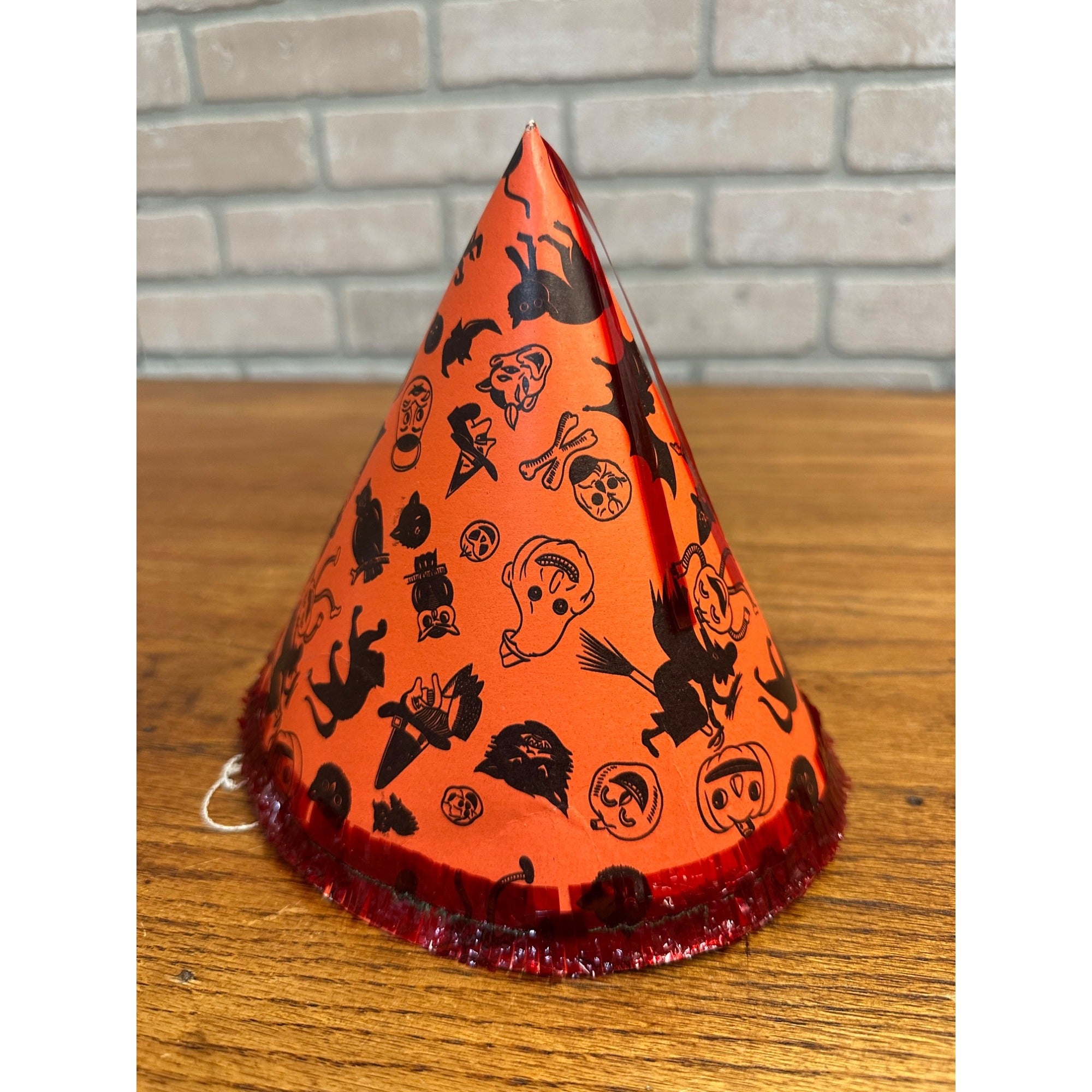 Vintage 1960s Halloween Party Hat Cardboard Litho - Japan - Witch Owl Black Cat