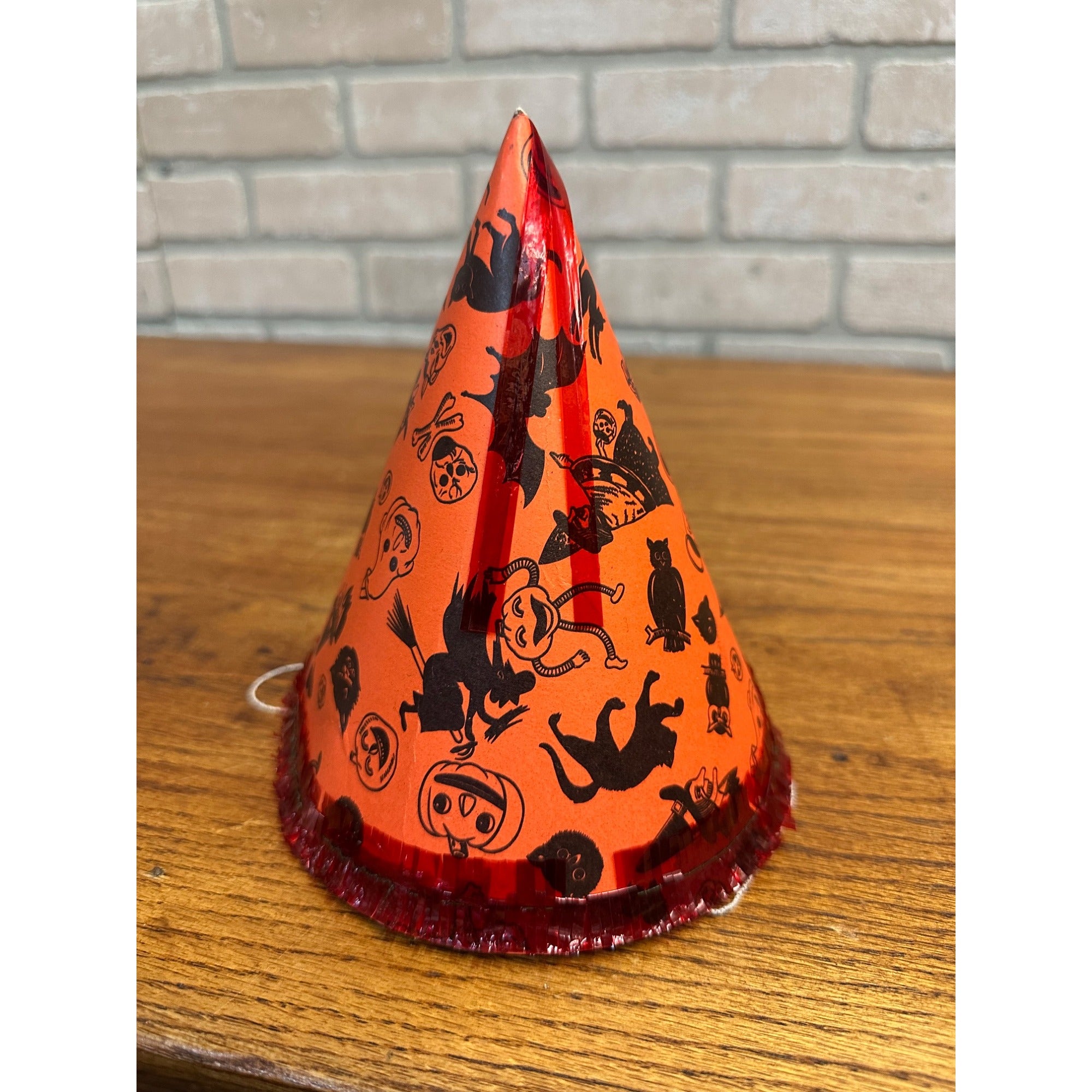 Vintage 1960s Halloween Party Hat Cardboard Litho - Japan - Witch Owl Black Cat