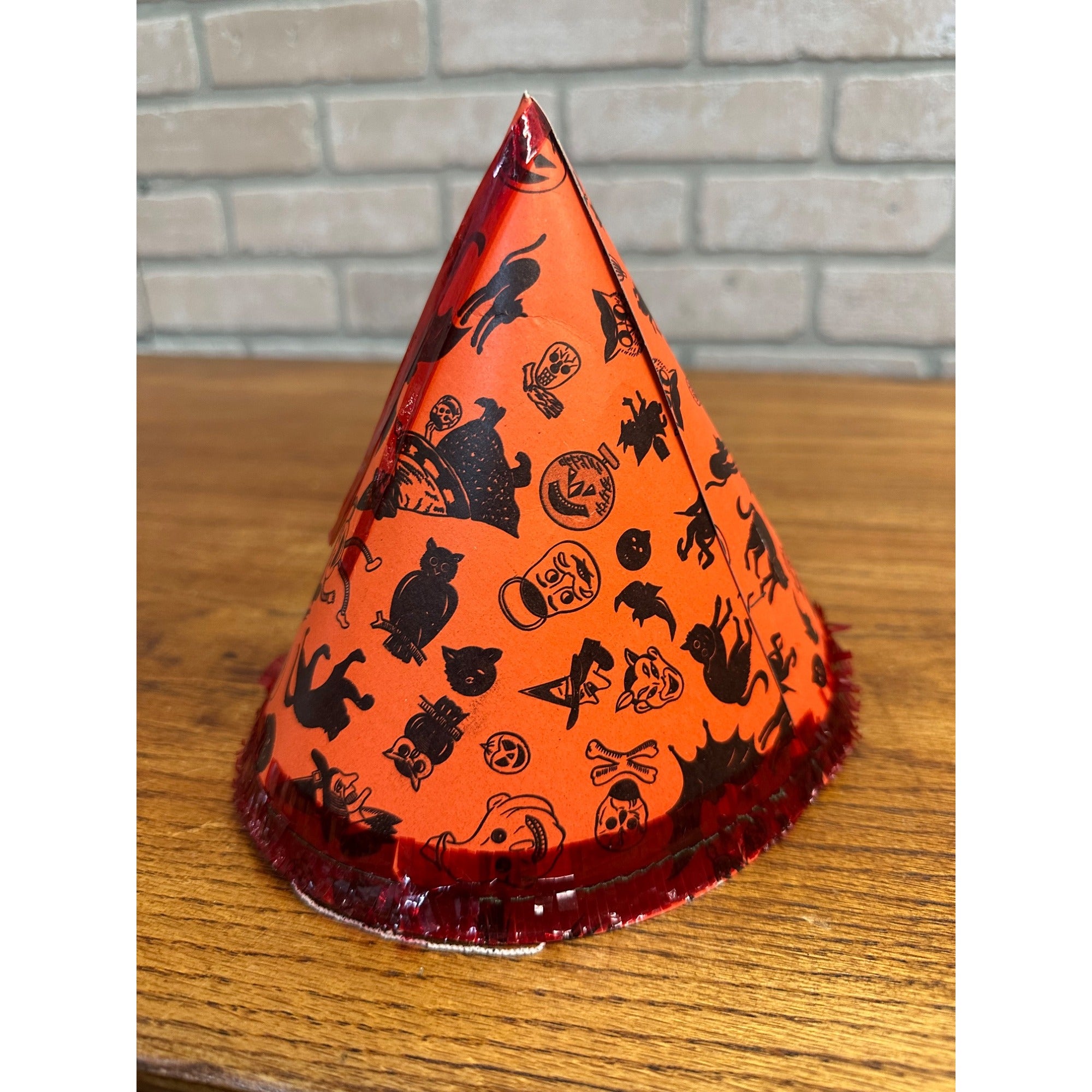 Vintage 1960s Halloween Party Hat Cardboard Litho - Japan - Witch Owl Black Cat