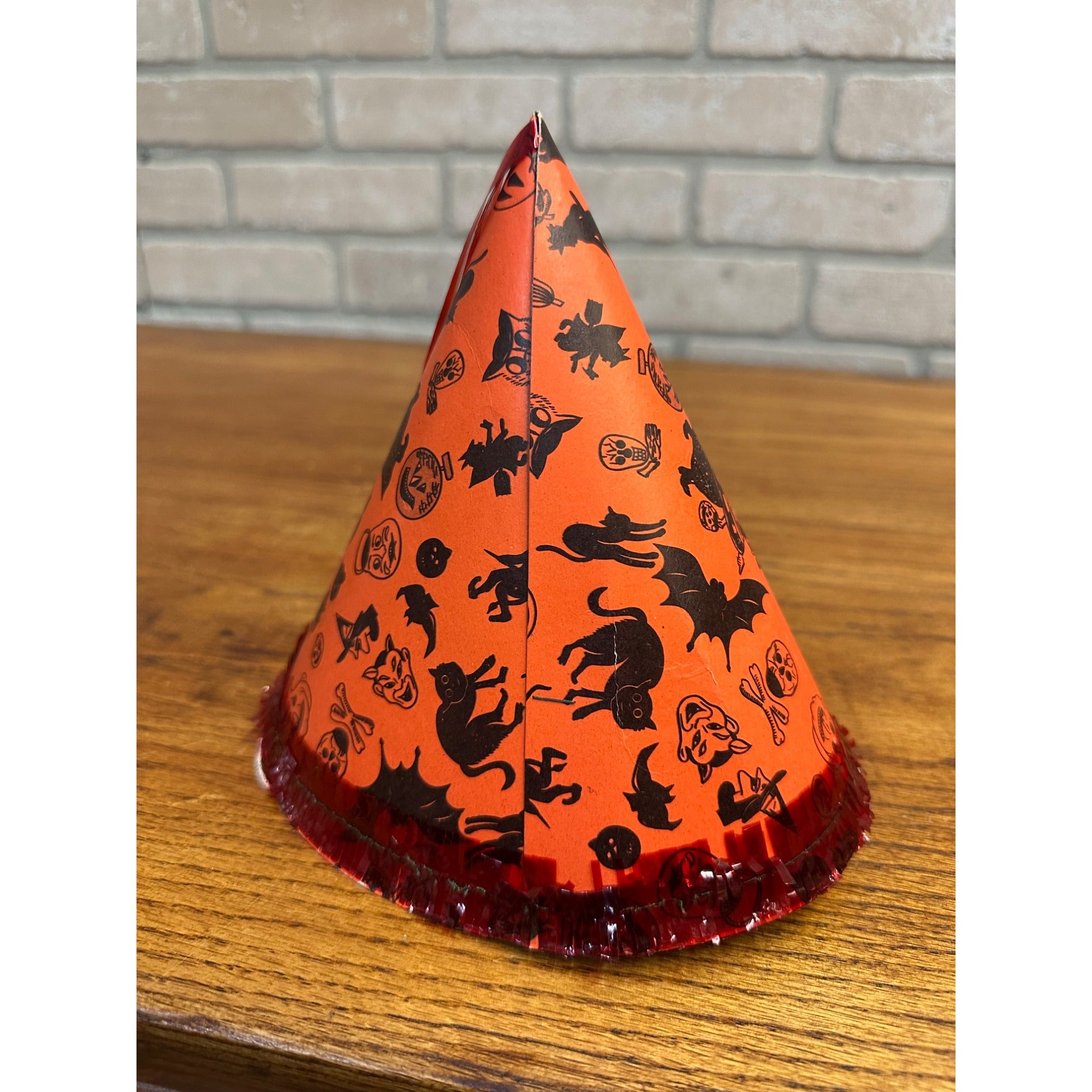 Vintage 1960s Halloween Party Hat Cardboard Litho - Japan - Witch Owl Black Cat