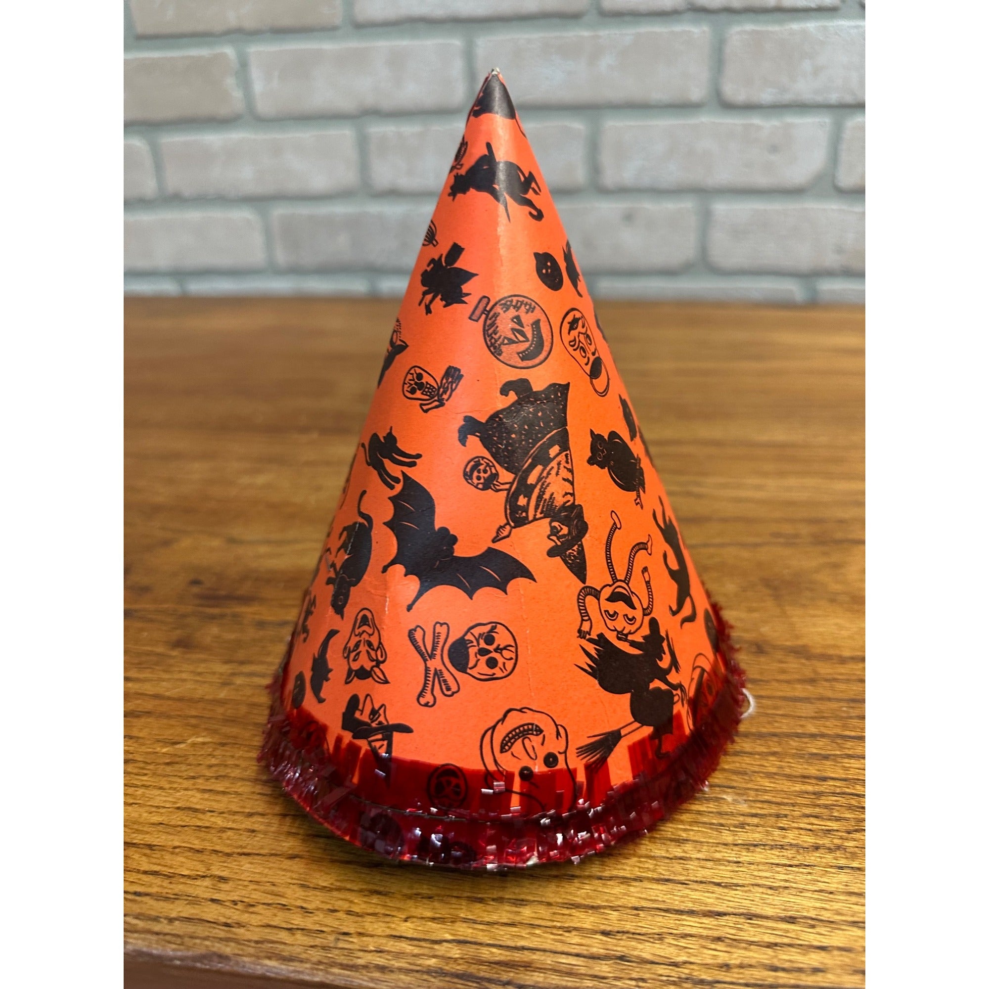 Vintage 1960s Halloween Party Hat Cardboard Litho - Japan - Witch Owl Black Cat