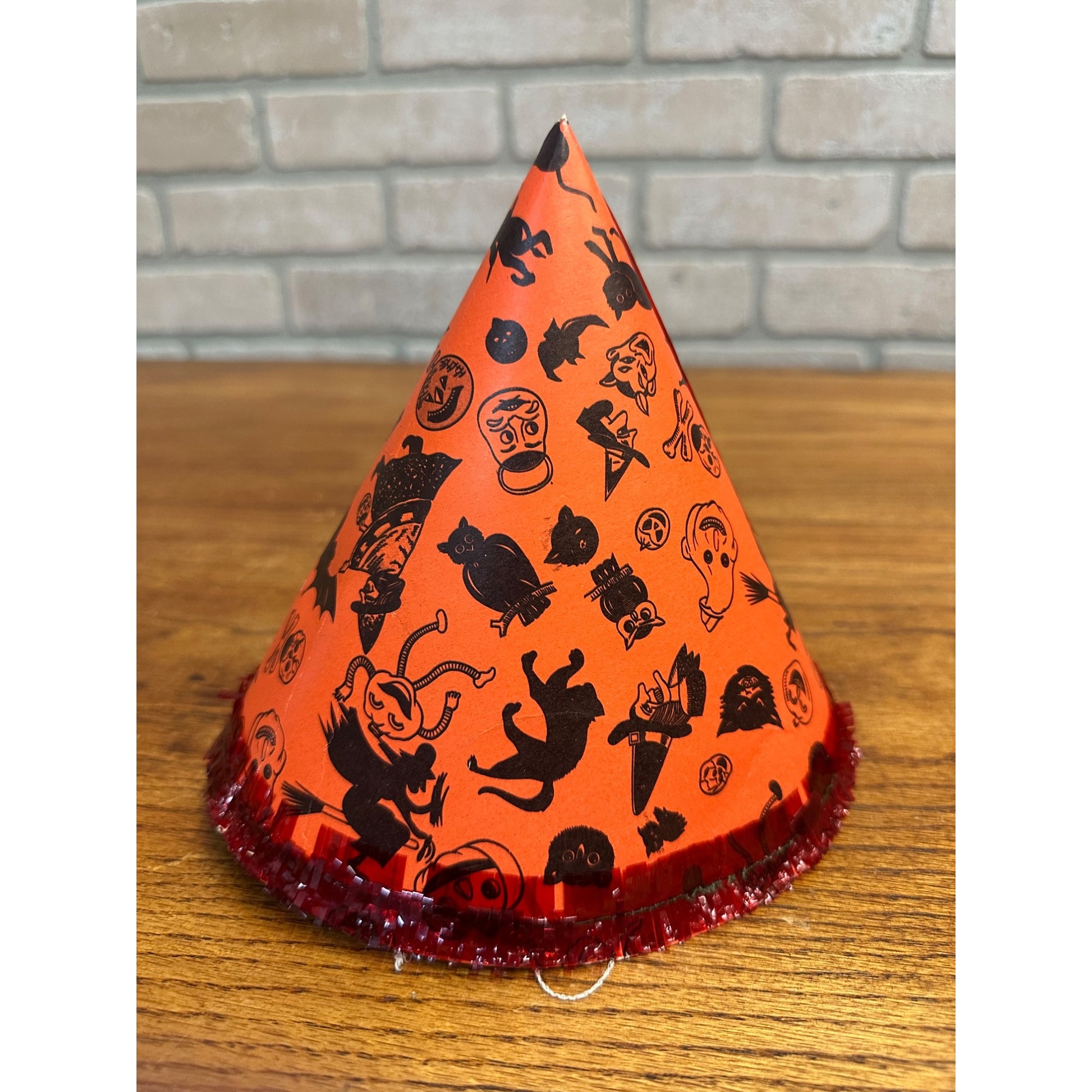 Vintage 1960s Halloween Party Hat Cardboard Litho - Japan - Witch Owl Black Cat