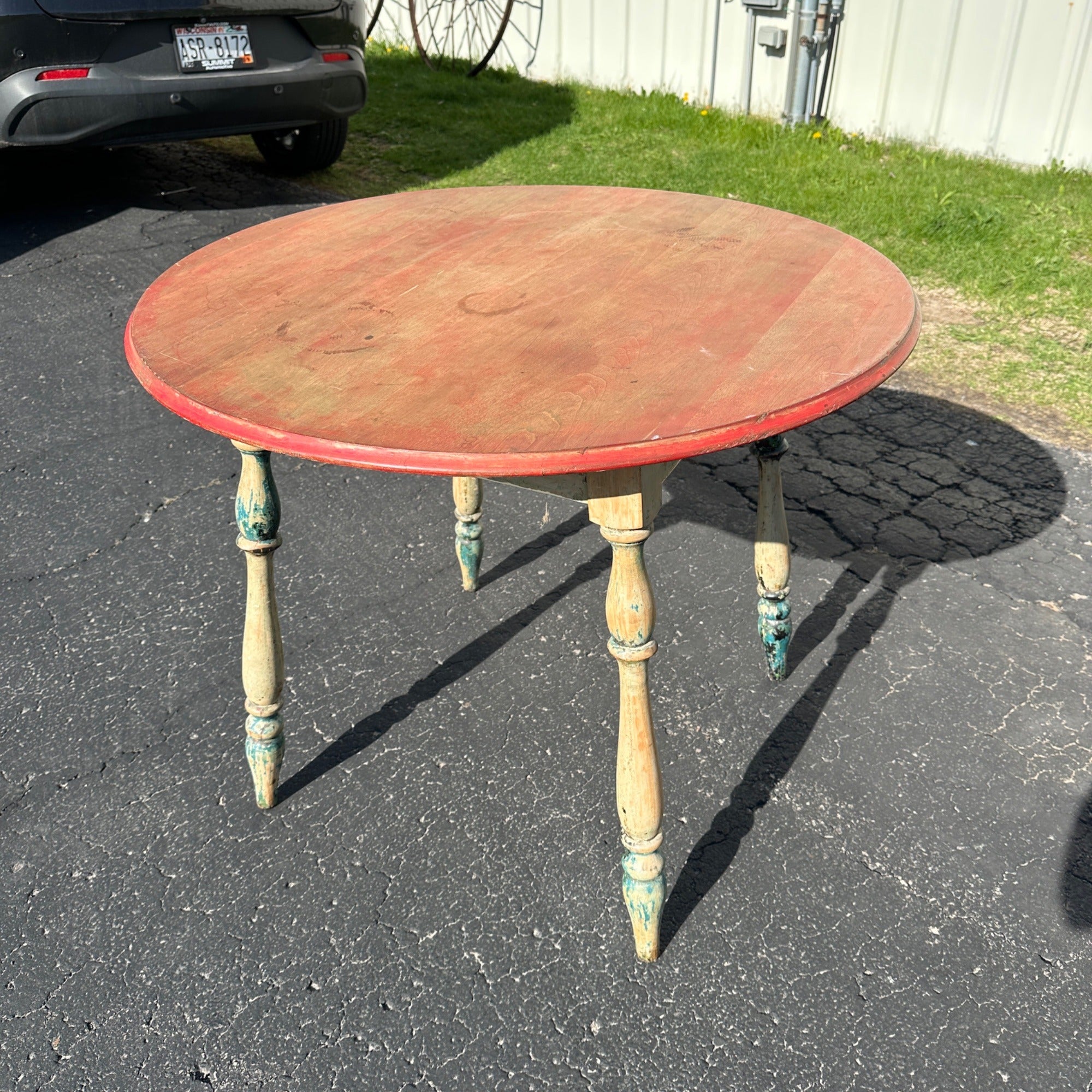 Antique Primitive Rustic Farmhouse Wooden Round Table Red