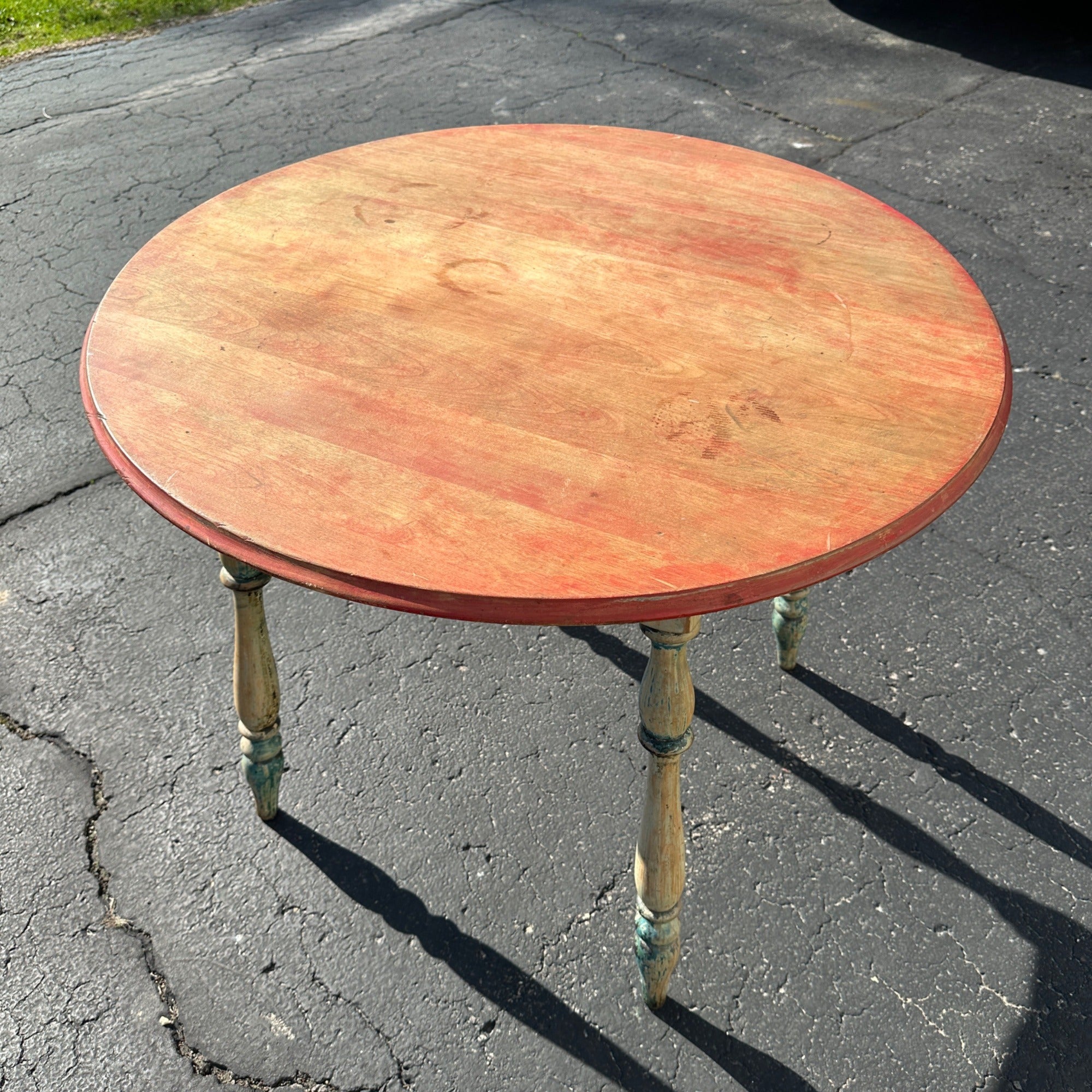 Antique Primitive Rustic Farmhouse Wooden Round Table Red