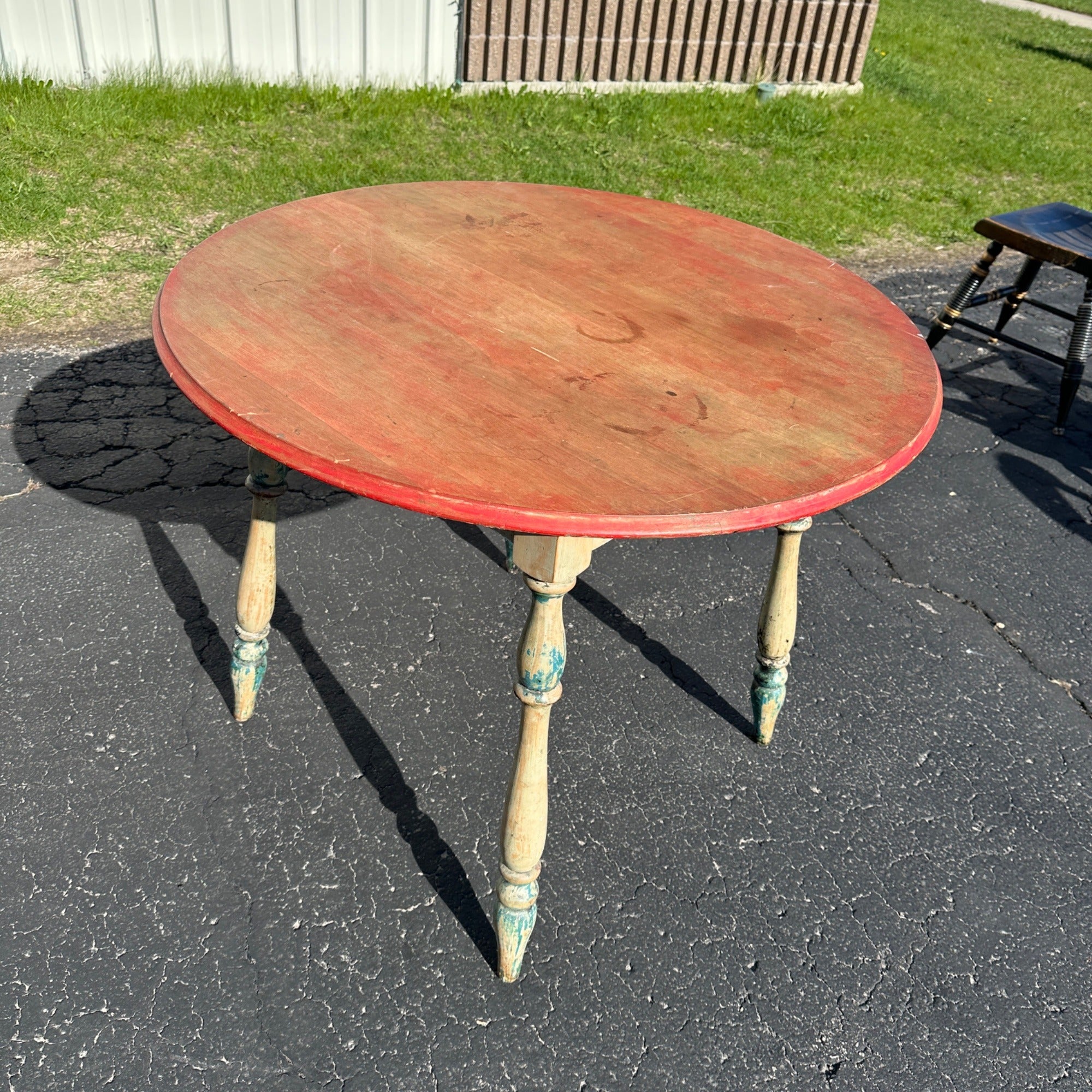 Antique Primitive Rustic Farmhouse Wooden Round Table Red
