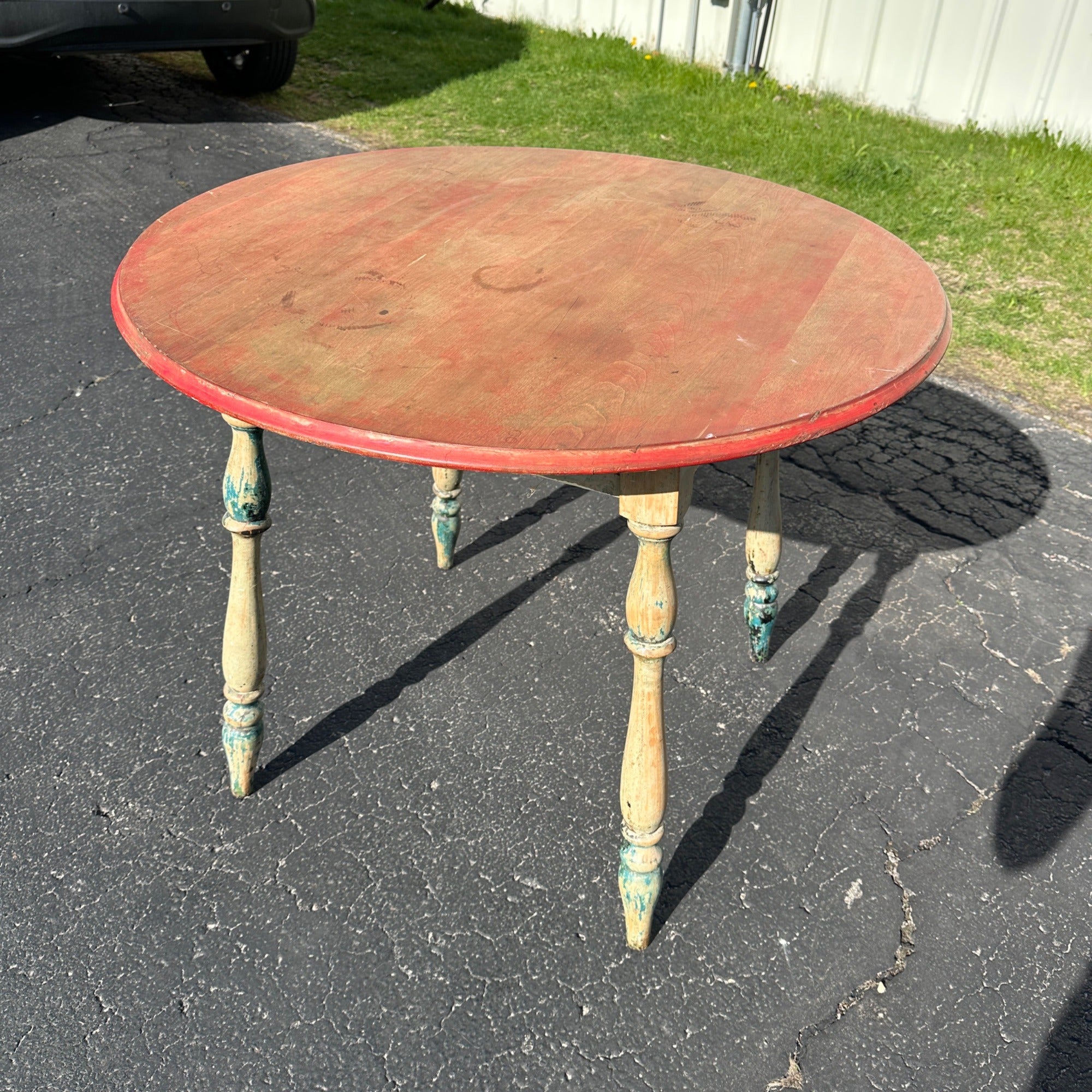 Antique Primitive Rustic Farmhouse Wooden Round Table Red