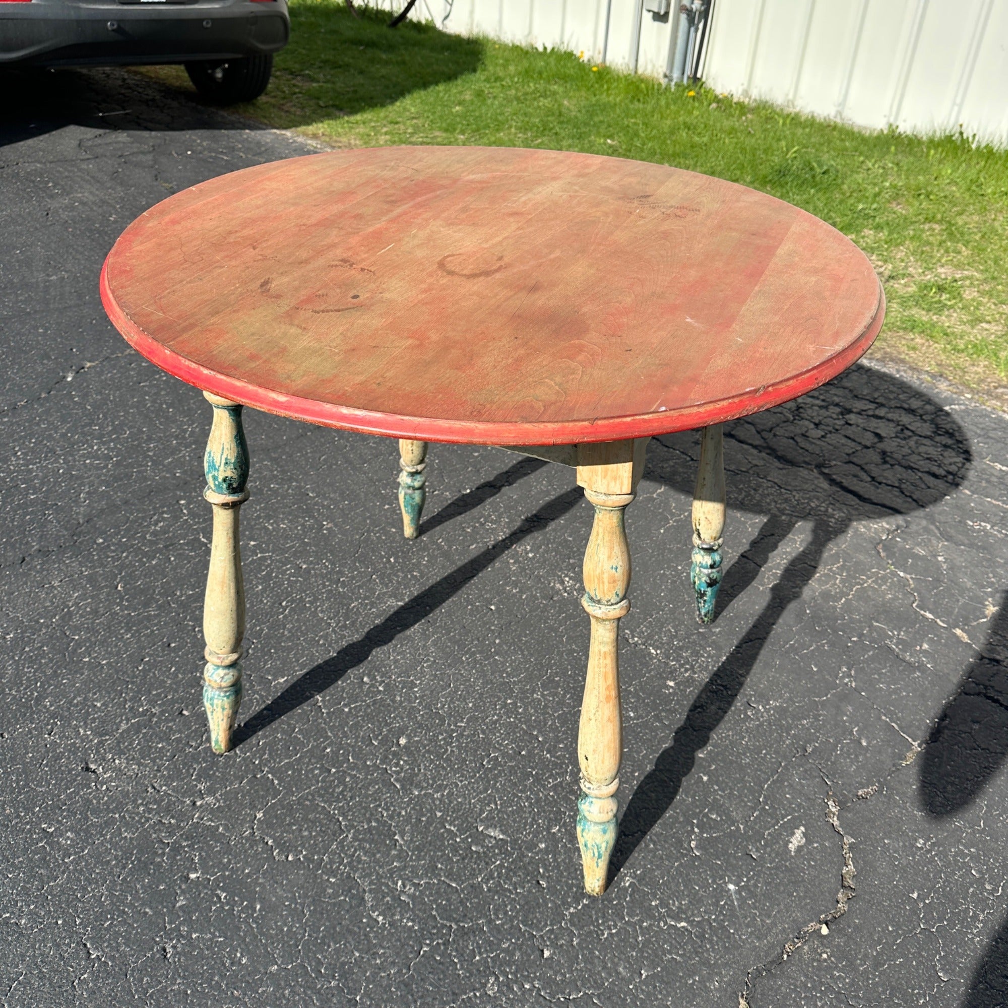 Antique Primitive Rustic Farmhouse Wooden Round Table Red