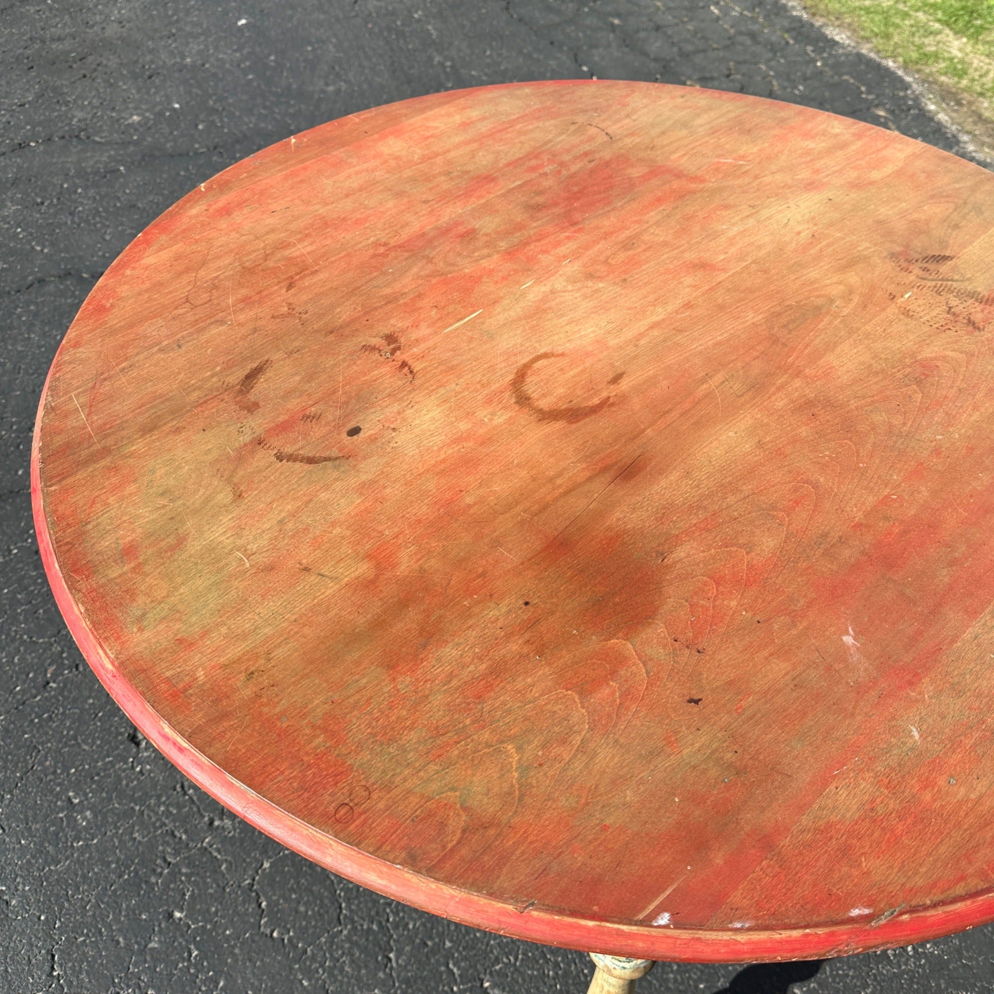 Antique Primitive Rustic Farmhouse Wooden Round Table Red