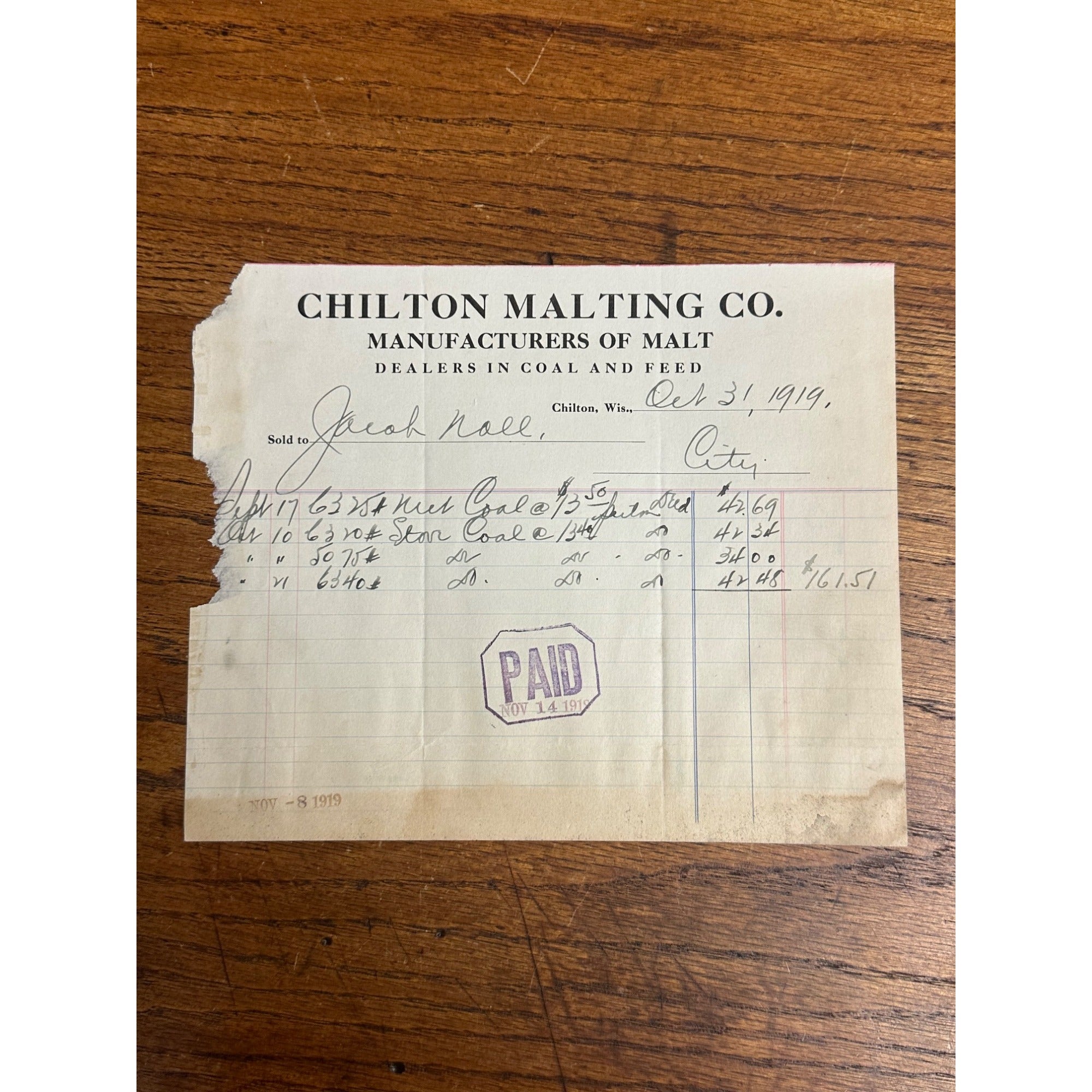 Chilton Wisconsin Invoice Letterheads Meili Ford Malting Co Brewery