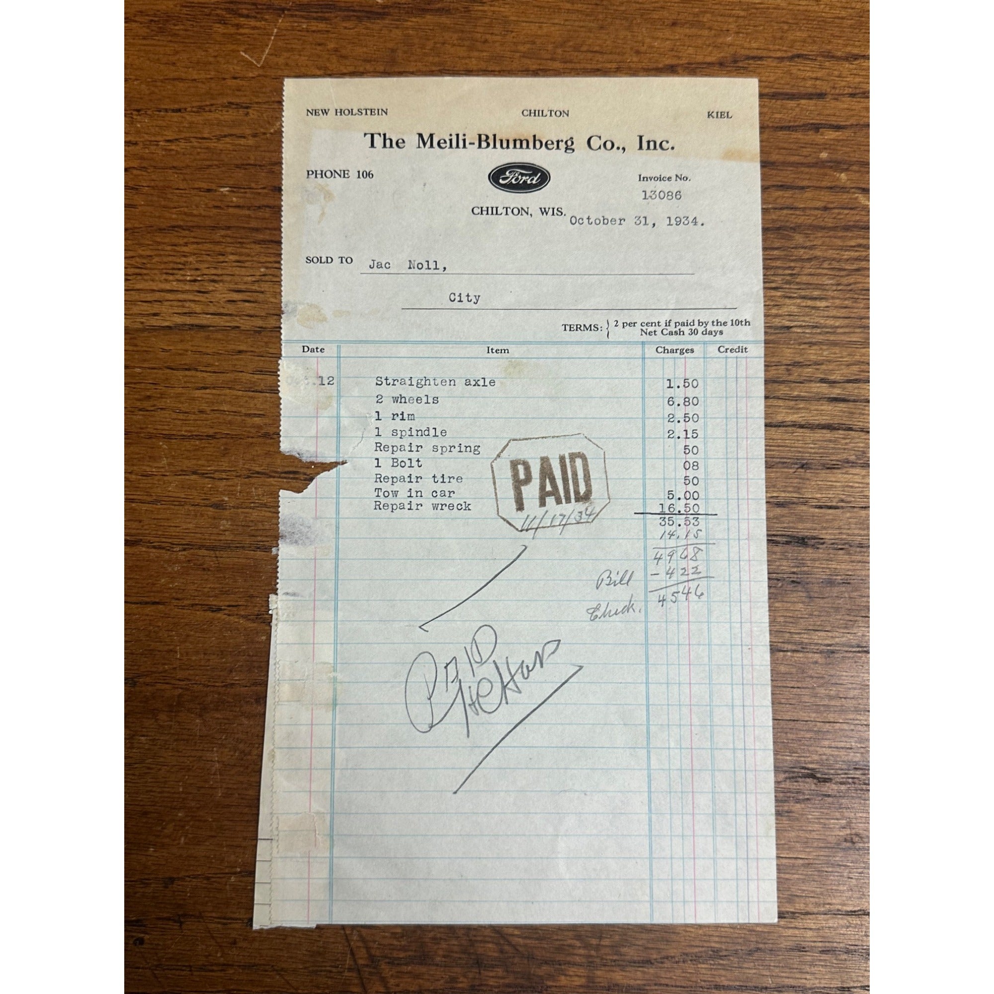 Chilton Wisconsin Invoice Letterheads Meili Ford Malting Co Brewery