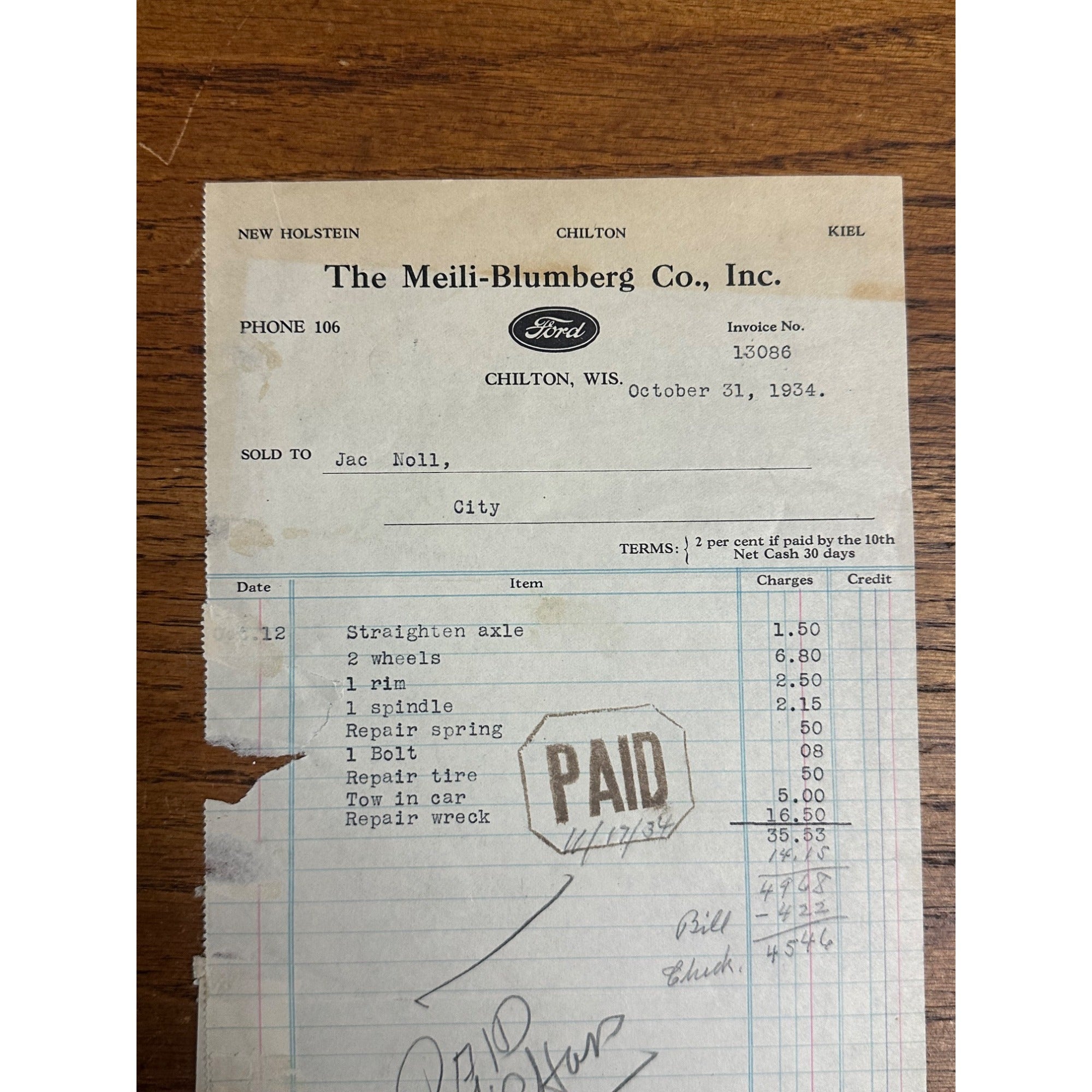 Chilton Wisconsin Invoice Letterheads Meili Ford Malting Co Brewery