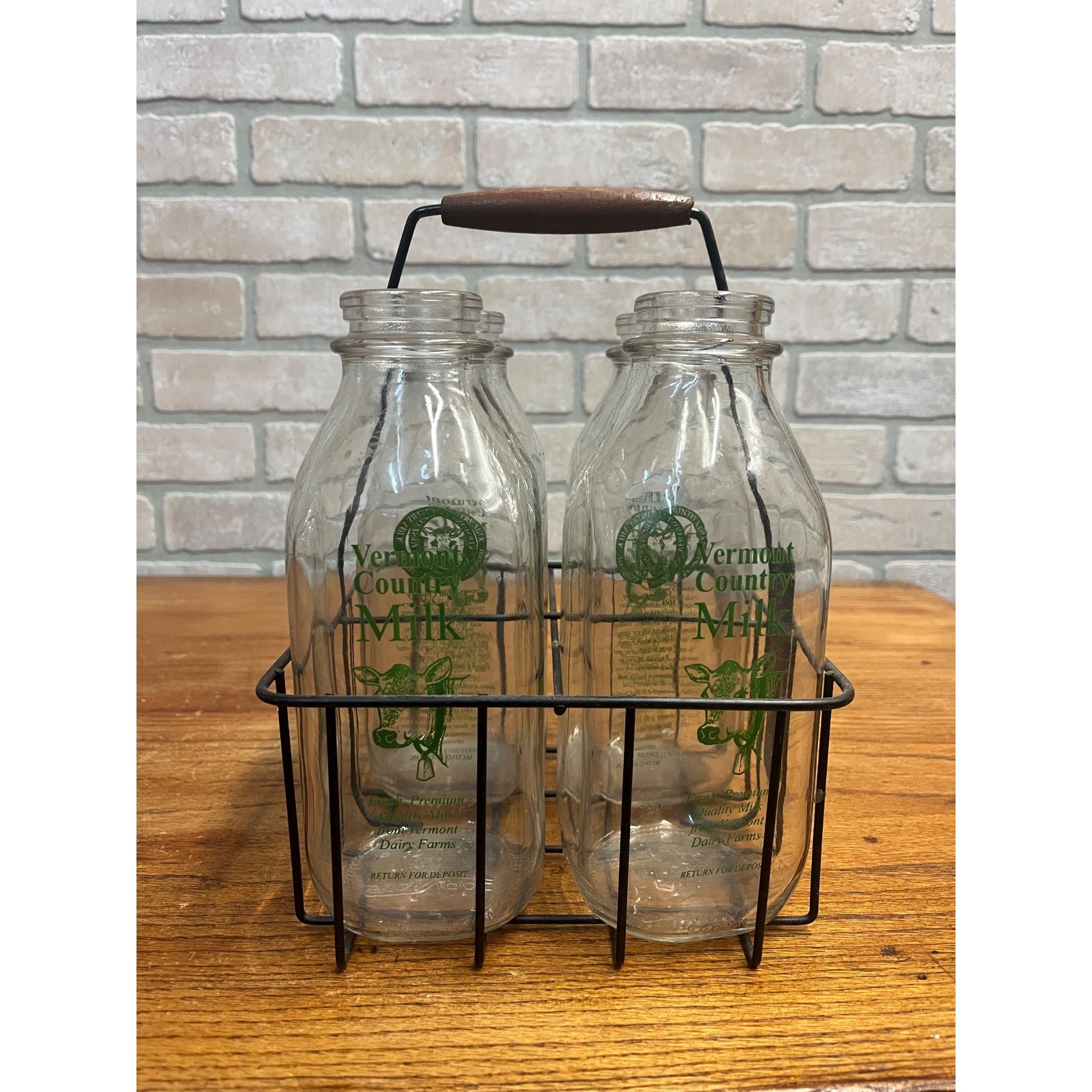 Vintage Vermont Country Milk (4) Glass Quart Bottles w Wood Handle Wire Carrier