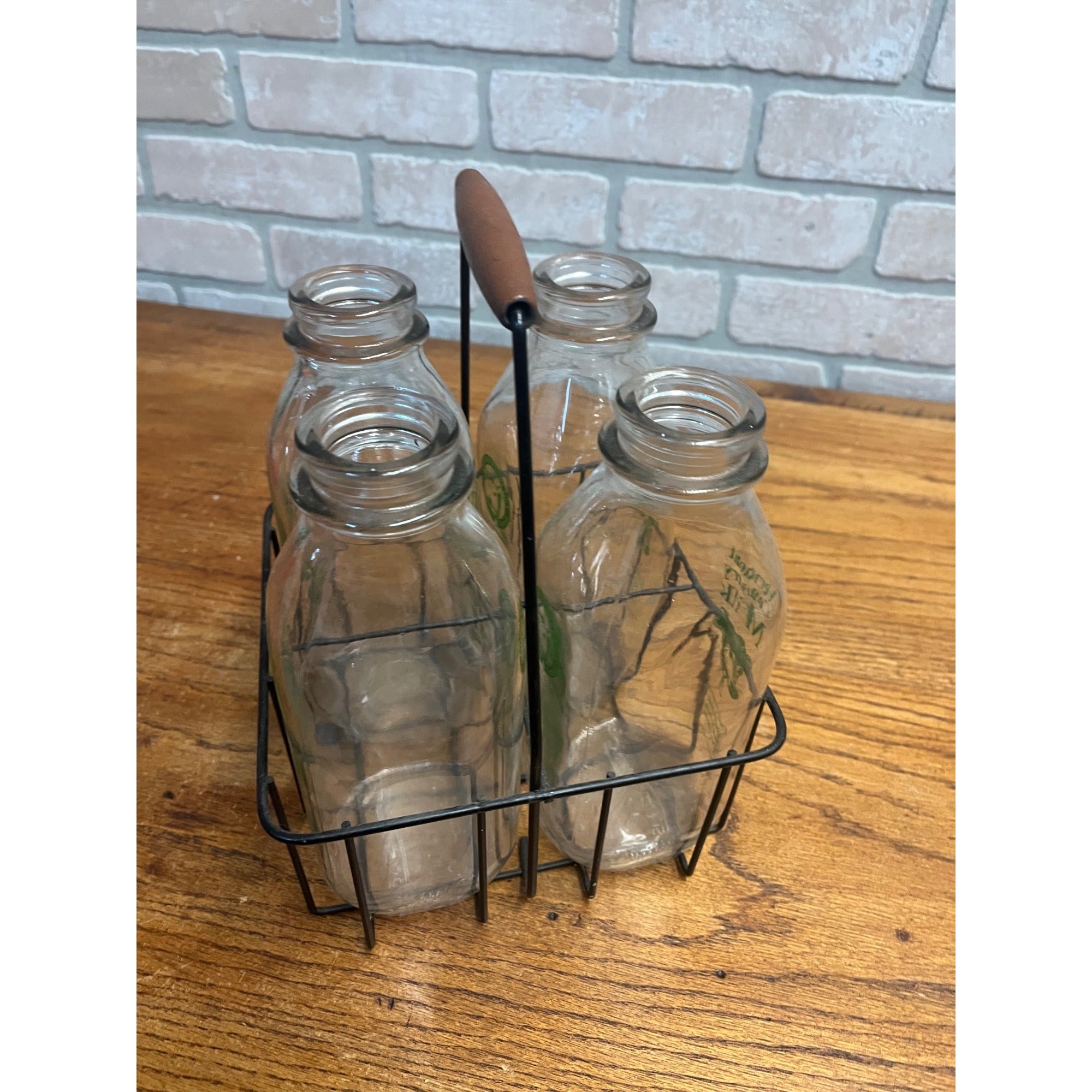 Vintage Vermont Country Milk (4) Glass Quart Bottles w Wood Handle Wire Carrier