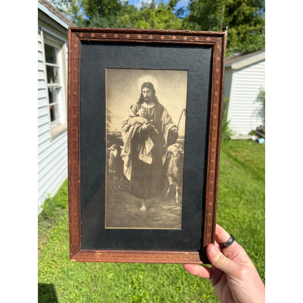 Vintage Jesus the Shepherd Black & White Framed Print w/ Carved Cross Frame