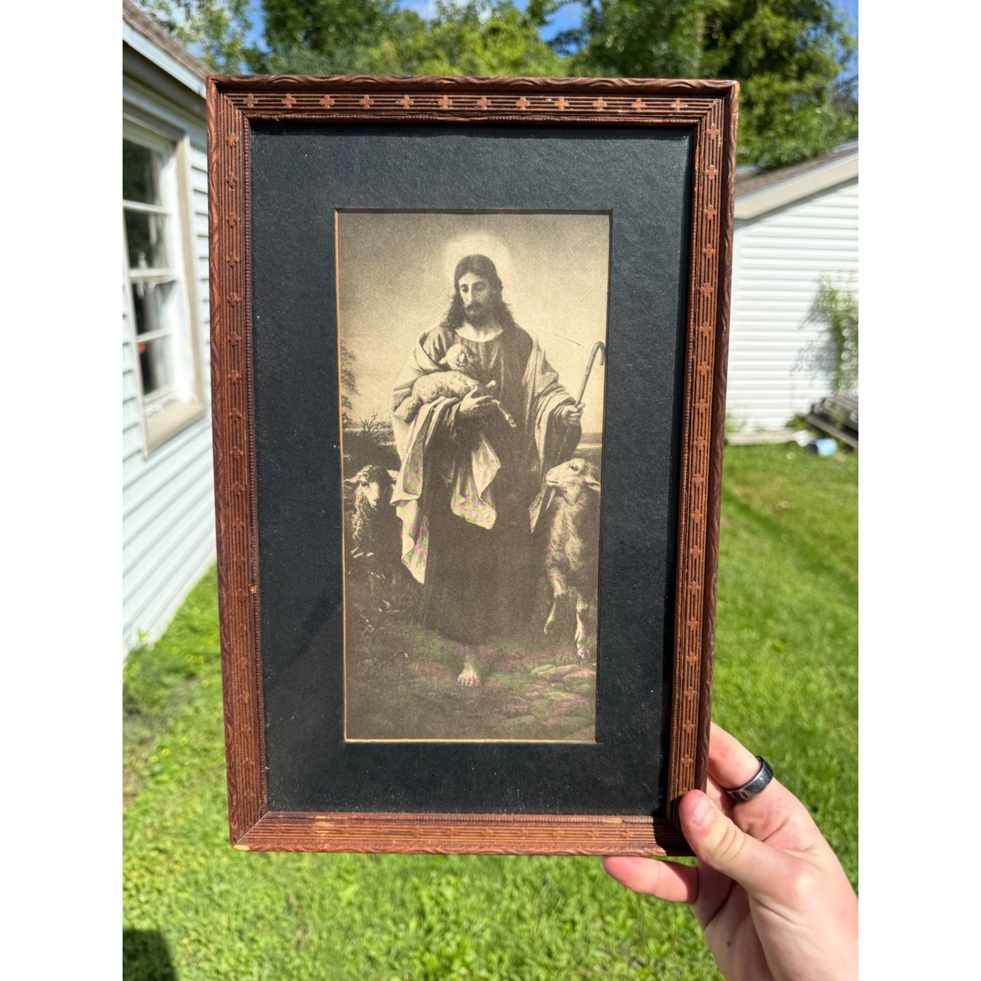 Vintage Jesus the Shepherd Black & White Framed Print w/ Carved Cross Frame