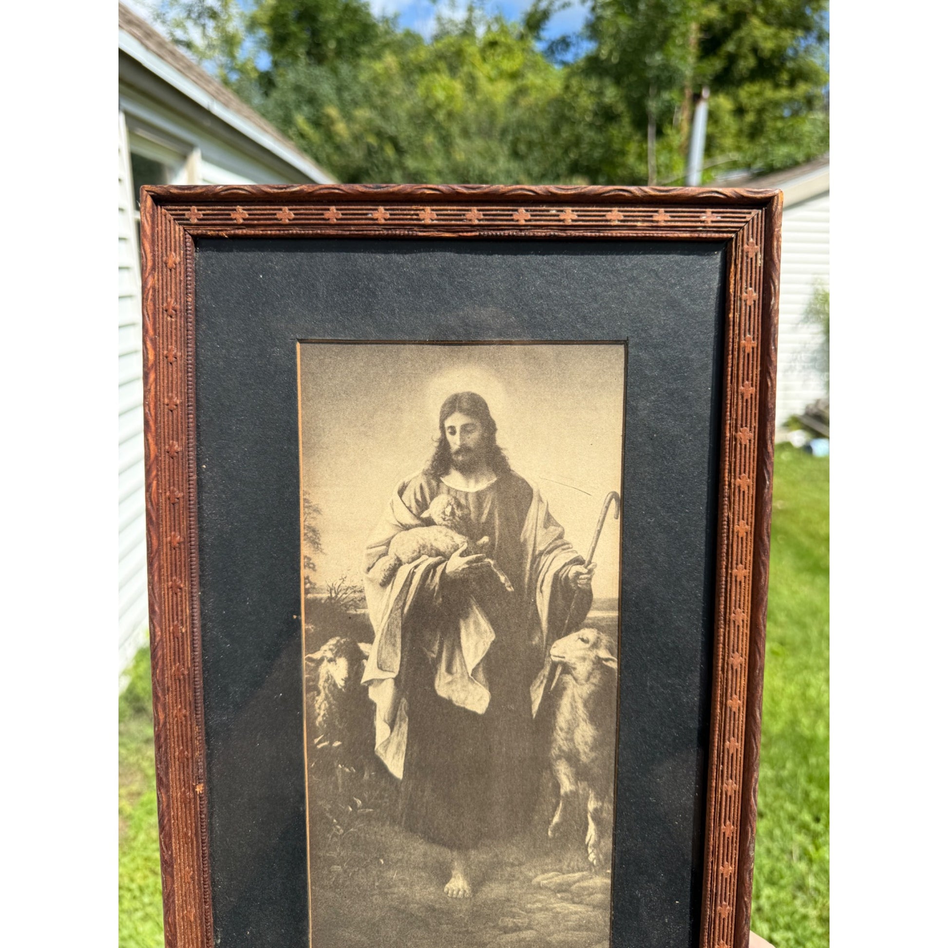 Vintage Jesus the Shepherd Black & White Framed Print w/ Carved Cross Frame