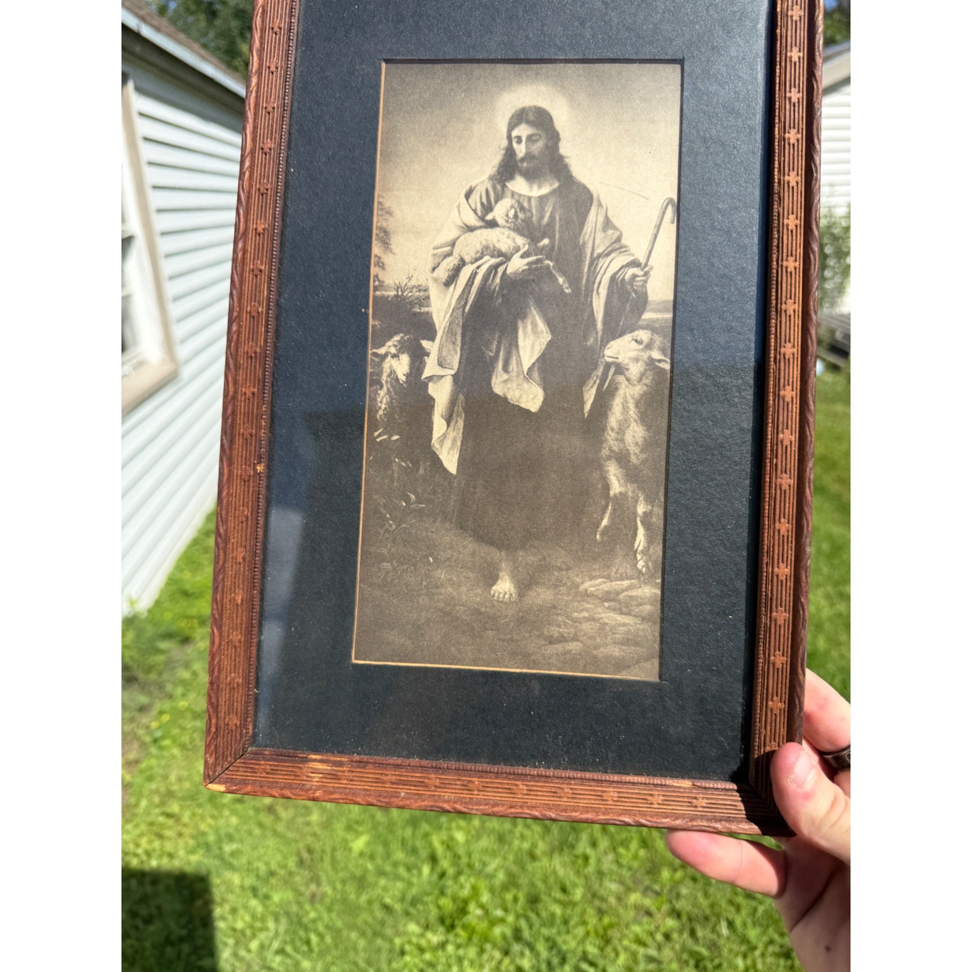 Vintage Jesus the Shepherd Black & White Framed Print w/ Carved Cross Frame