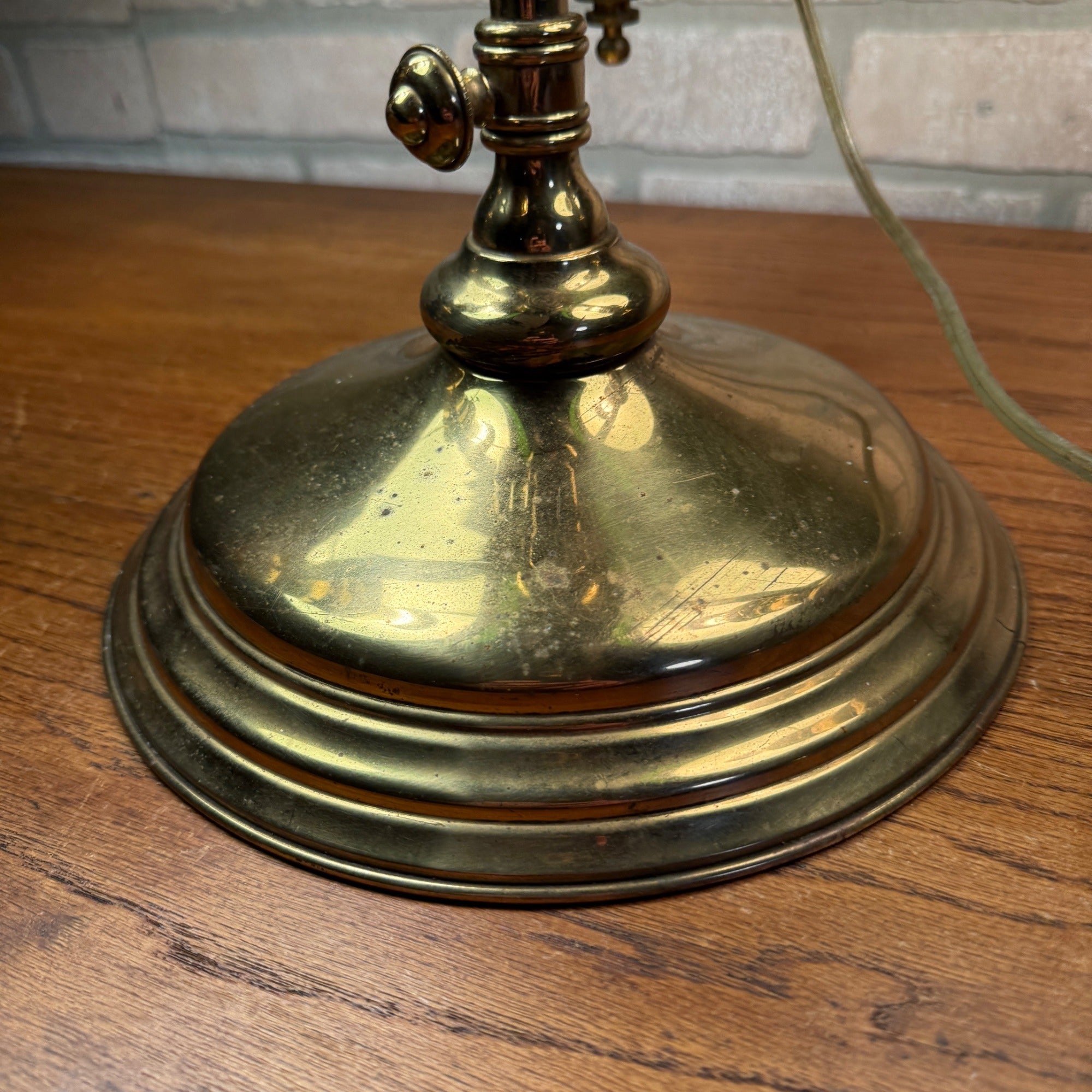 Antique Victorian Brass Double Student Lamp Base with Center Tank & Green Shades
