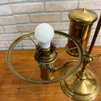 Antique Victorian Brass Double Student Lamp Base with Center Tank & Green Shades