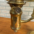 Antique Victorian Brass Double Student Lamp Base with Center Tank & Green Shades
