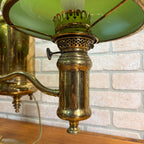 Antique Victorian Brass Double Student Lamp Base with Center Tank & Green Shades