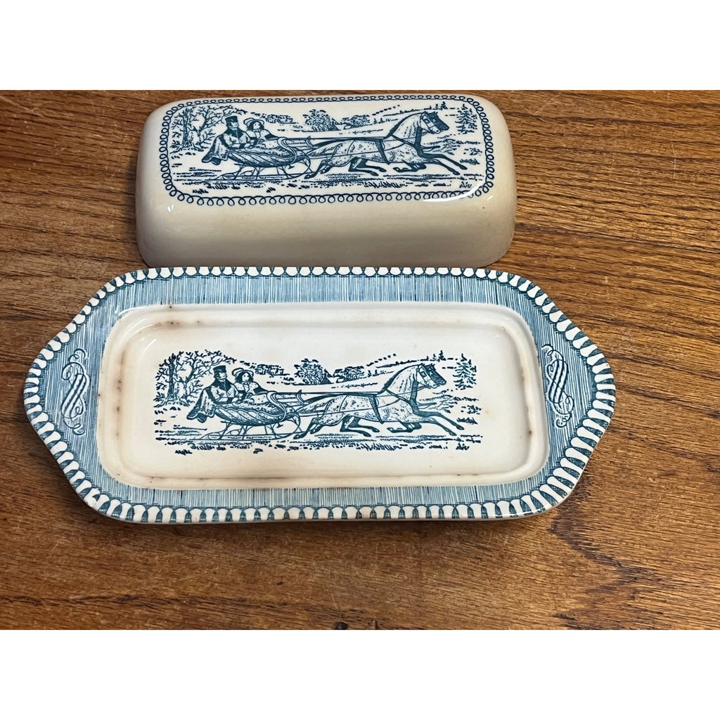 Vintage Royal China Currier & Ives "The Road in Winter" 2 PC Covered Butter Dish