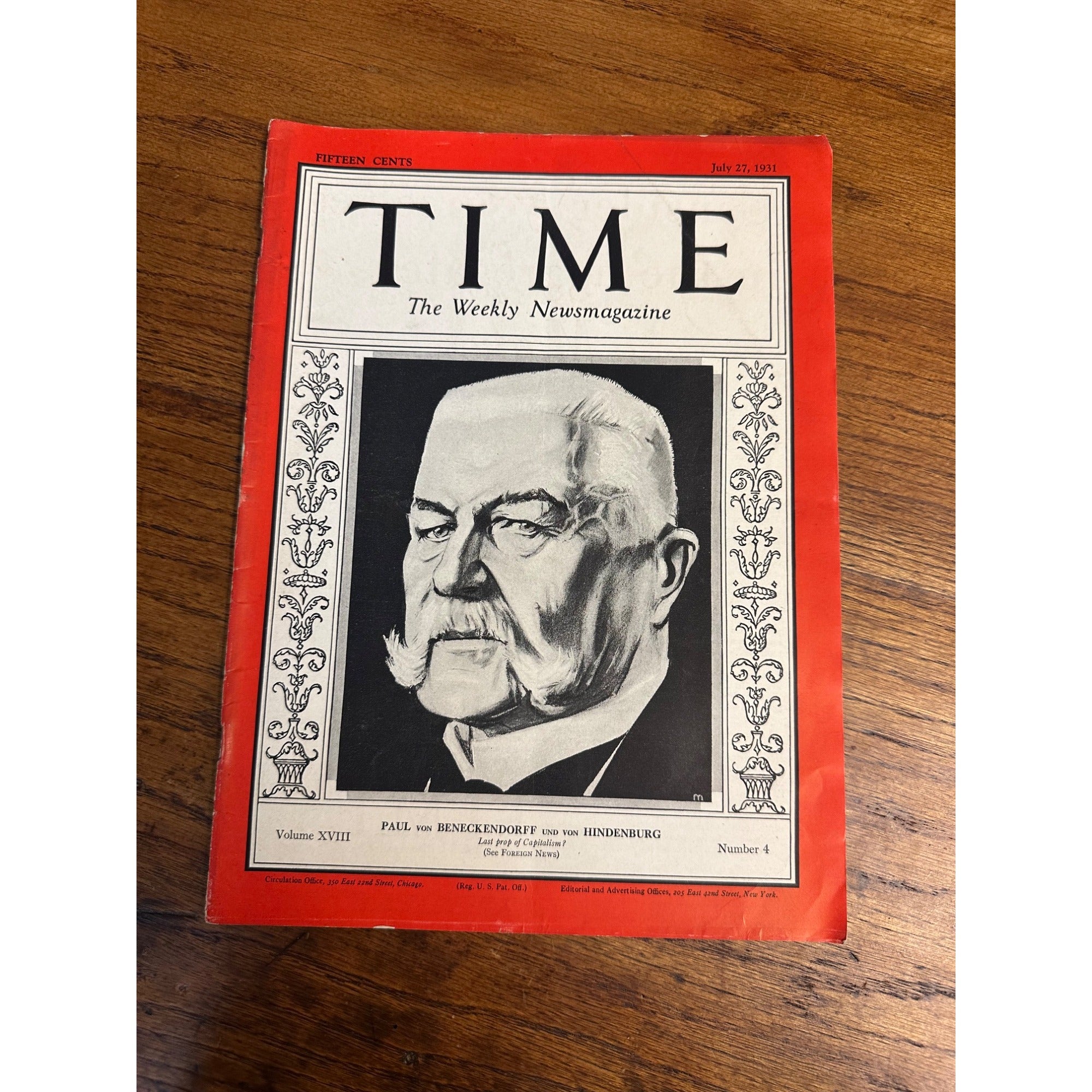 Time Weekly Magazine - Paul Von Hindenburg - July 27, 1931 - Original