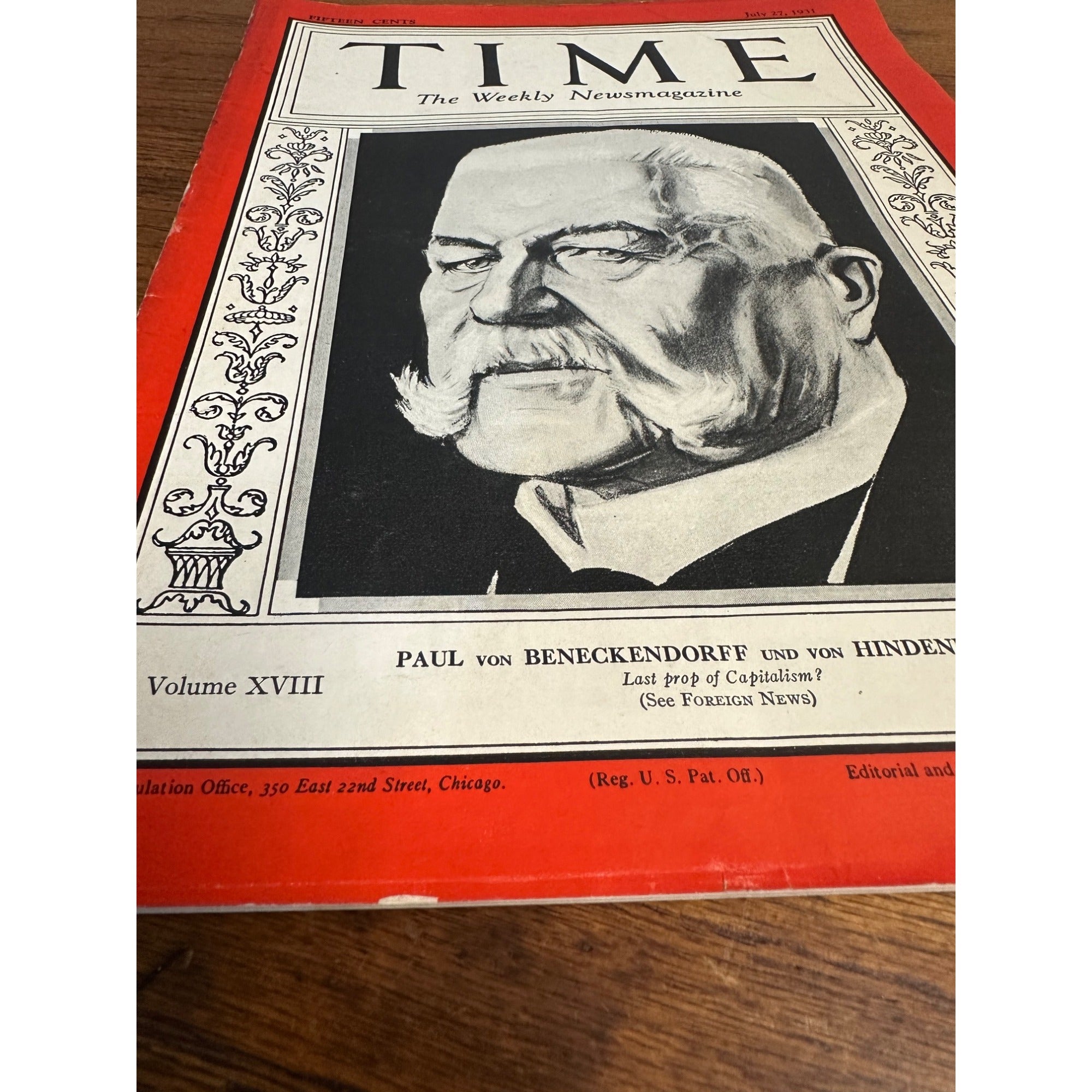Time Weekly Magazine - Paul Von Hindenburg - July 27, 1931 - Original