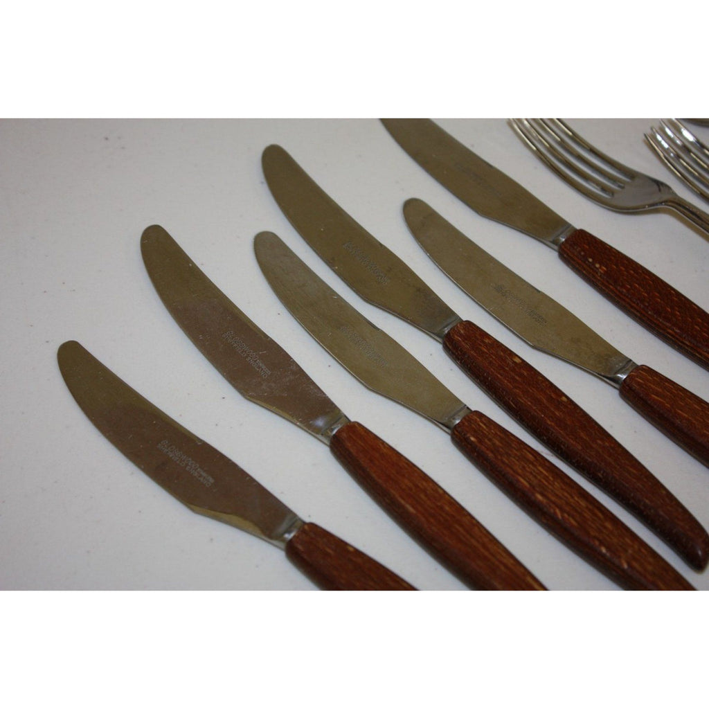12 Piece Vintage MCM Glosswood Sheffield Cutlery Set Stainless and Teak