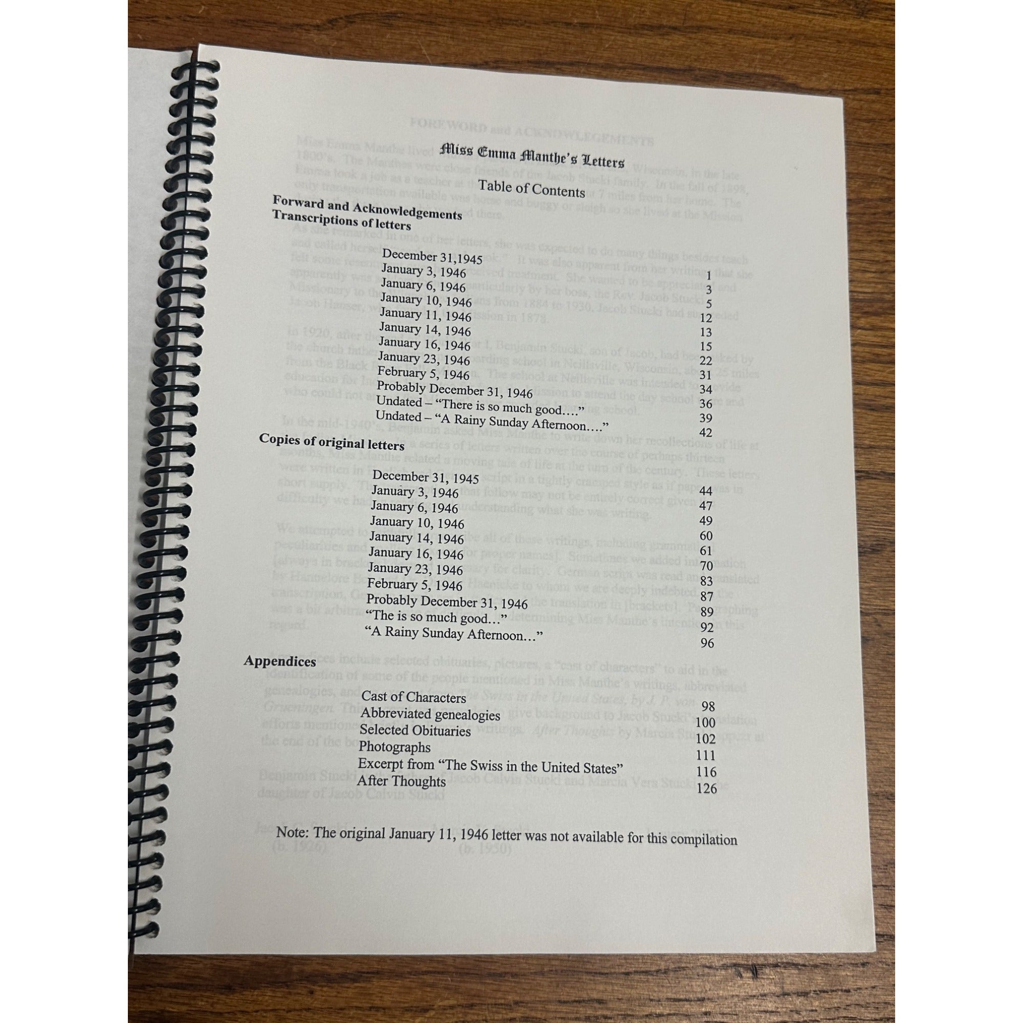 Miss Emma Manthe's Letters Circa 1900, Edited by Jacob C. Stucki and Marcia V. Stucki, Spiral Bound Book 2003