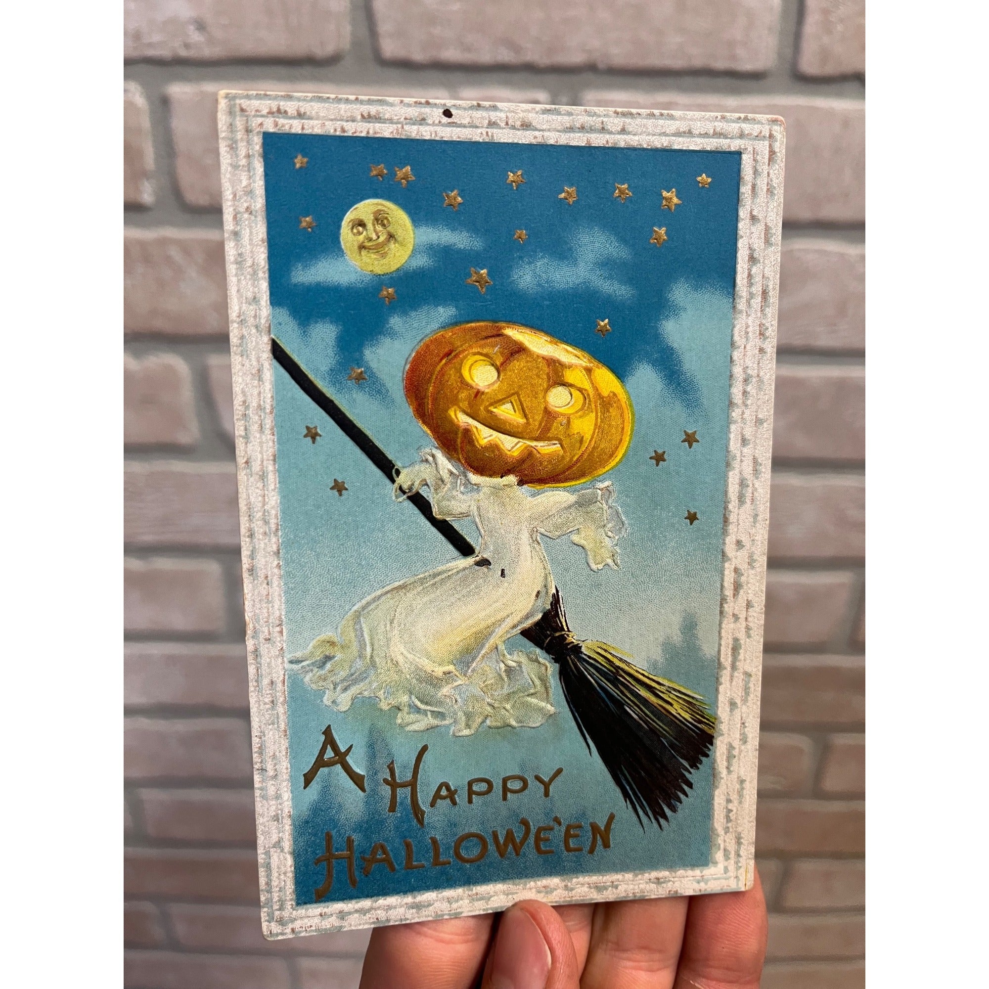 Vintage Halloween Embossed Postcard Pumpkin Witch Broom Stick L 34A Spooner