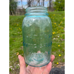 Antique Atlas Strong Shoulder Bold Mark Aqua Blue Quart Glass Canning Jar