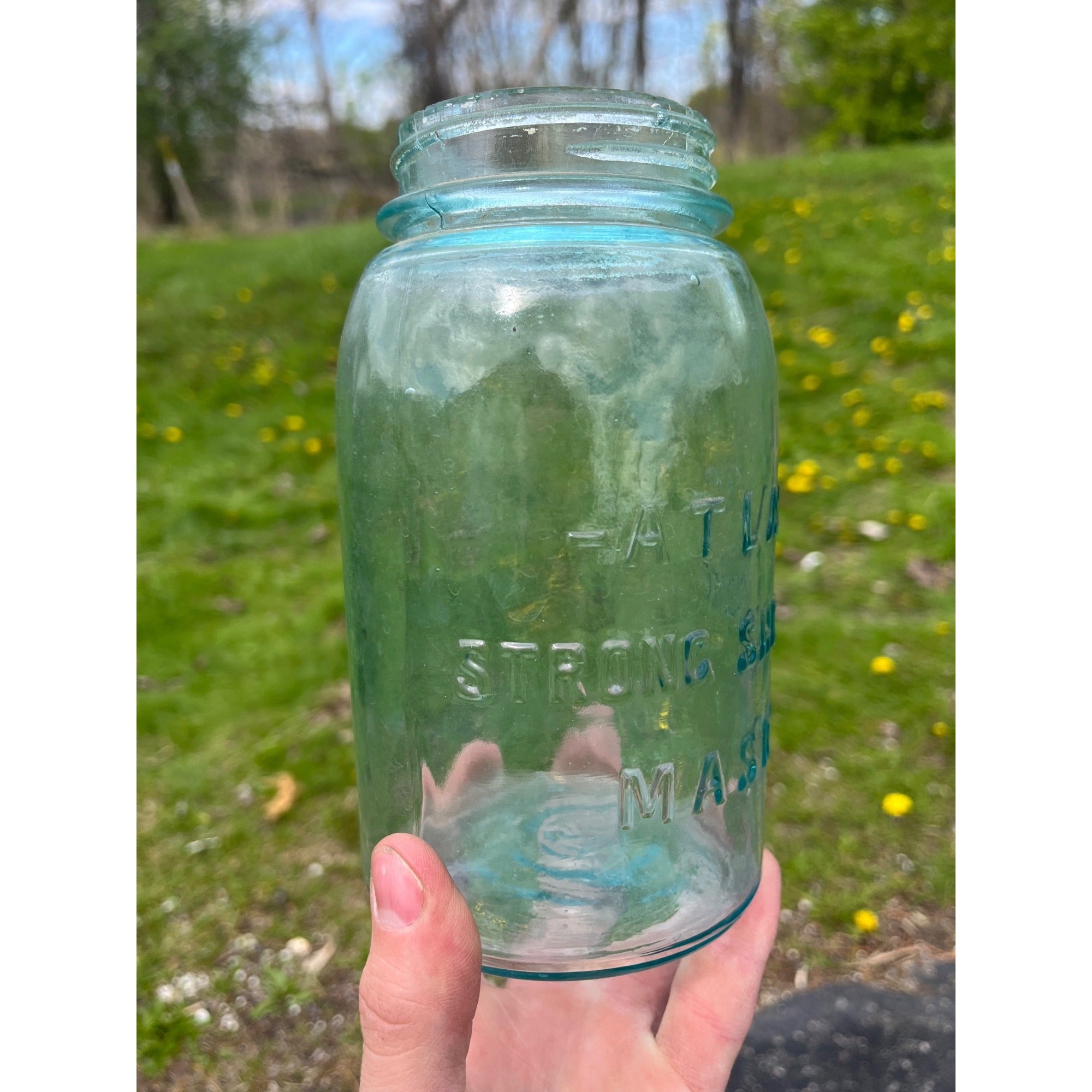 Antique Atlas Strong Shoulder Bold Mark Aqua Blue Quart Glass Canning Jar