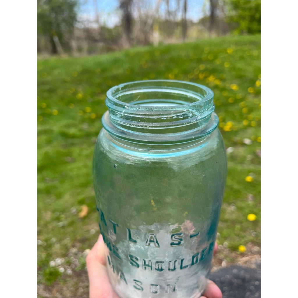 Antique Atlas Strong Shoulder Bold Mark Aqua Blue Quart Glass Canning Jar