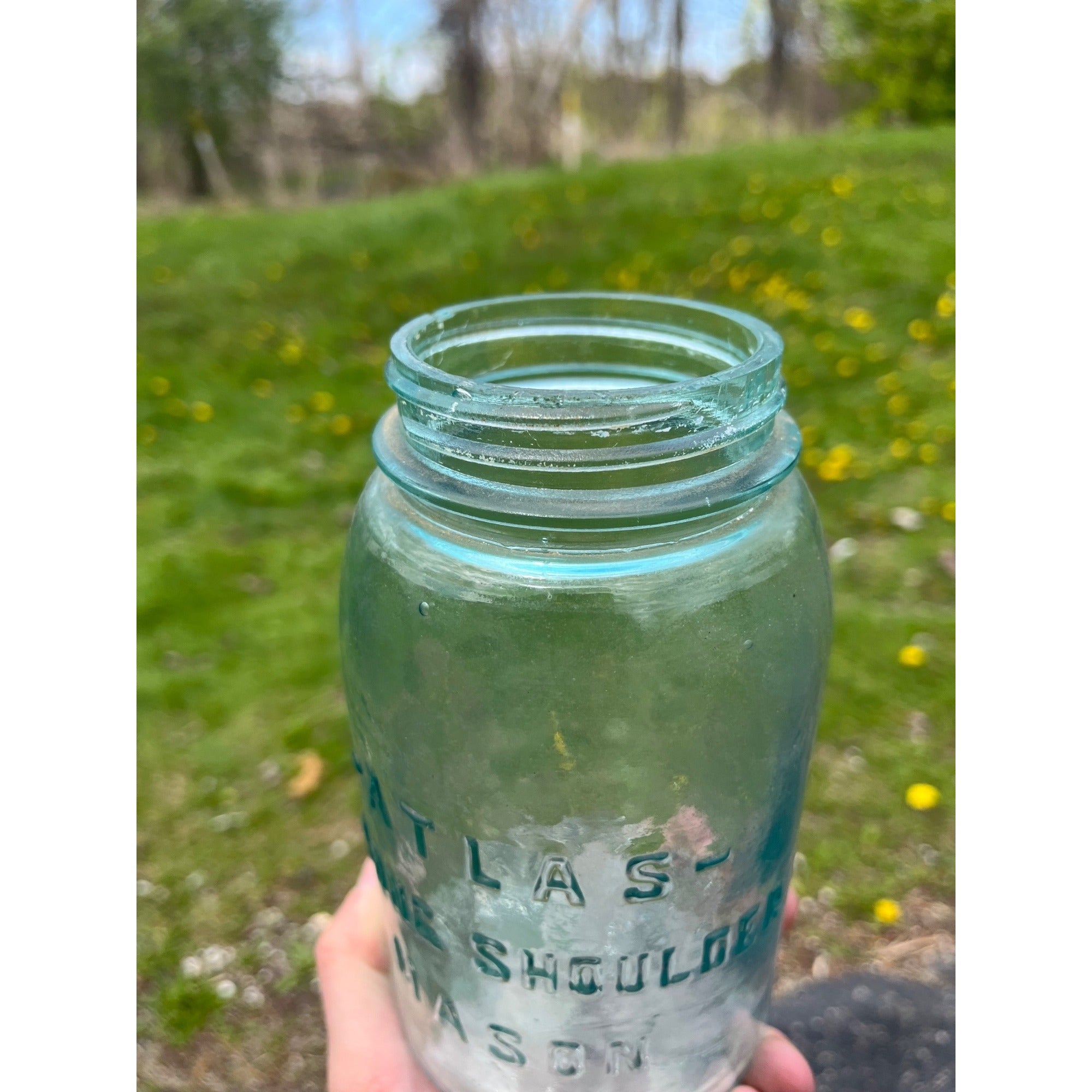 Antique Atlas Strong Shoulder Bold Mark Aqua Blue Quart Glass Canning Jar